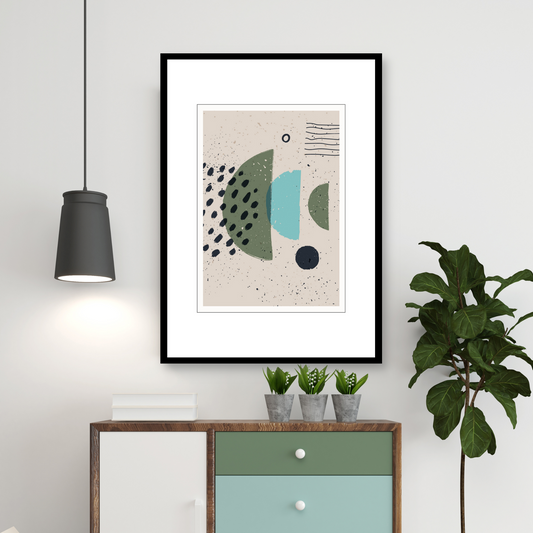 Grafisk kunst med abstrakt mønster. Fargenyanser i sort, turkis, grønn og beige.