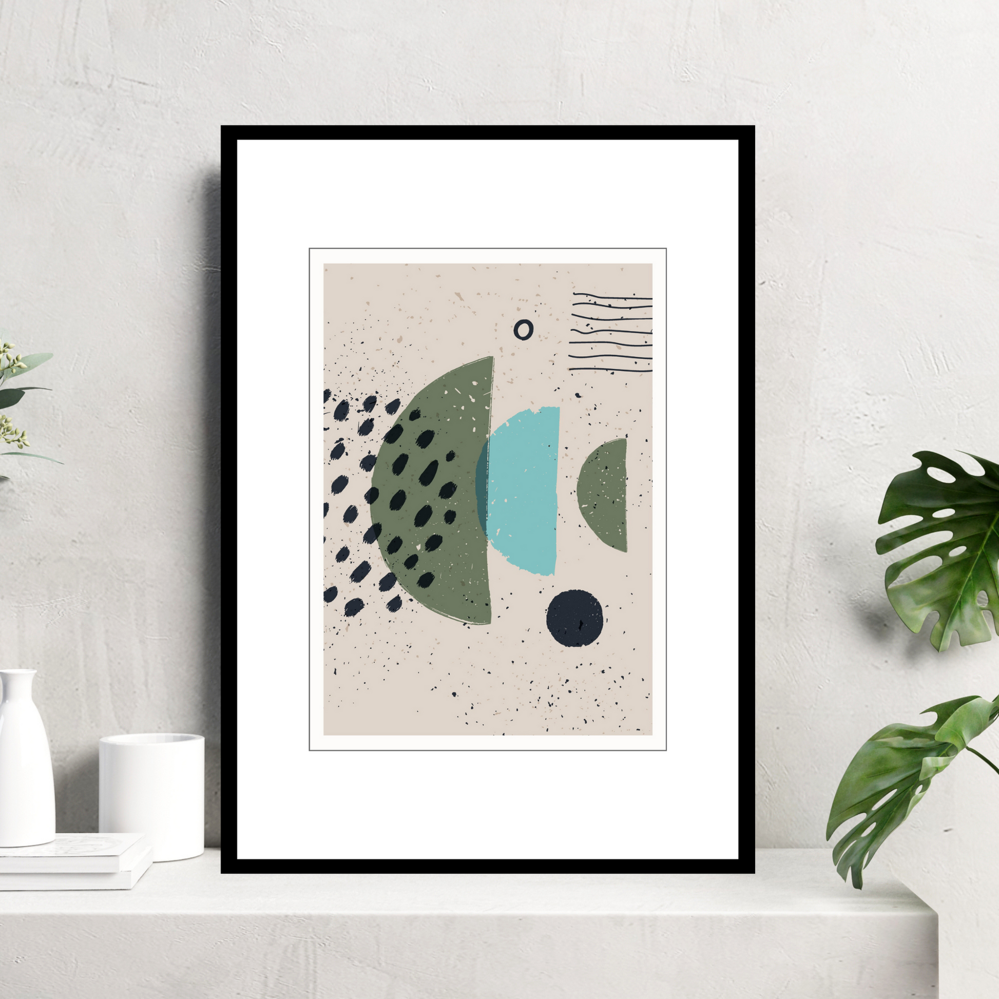 Grafisk kunst med abstrakt mønster. Fargenyanser i sort, turkis, grønn og beige.