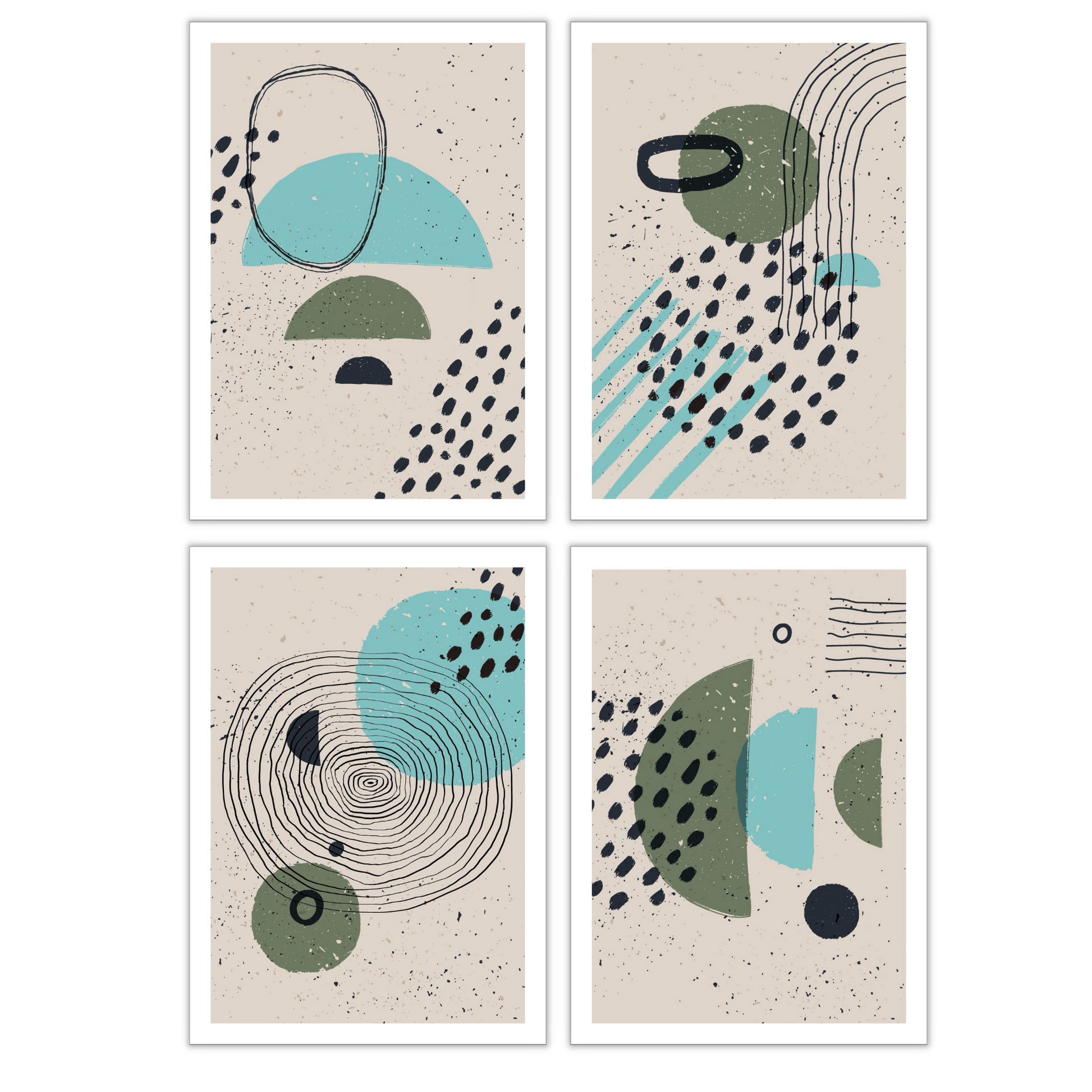 Serie med 4 motiver i abstrakt mønster. Fargenyanser i sort, turkis, grønn og beige