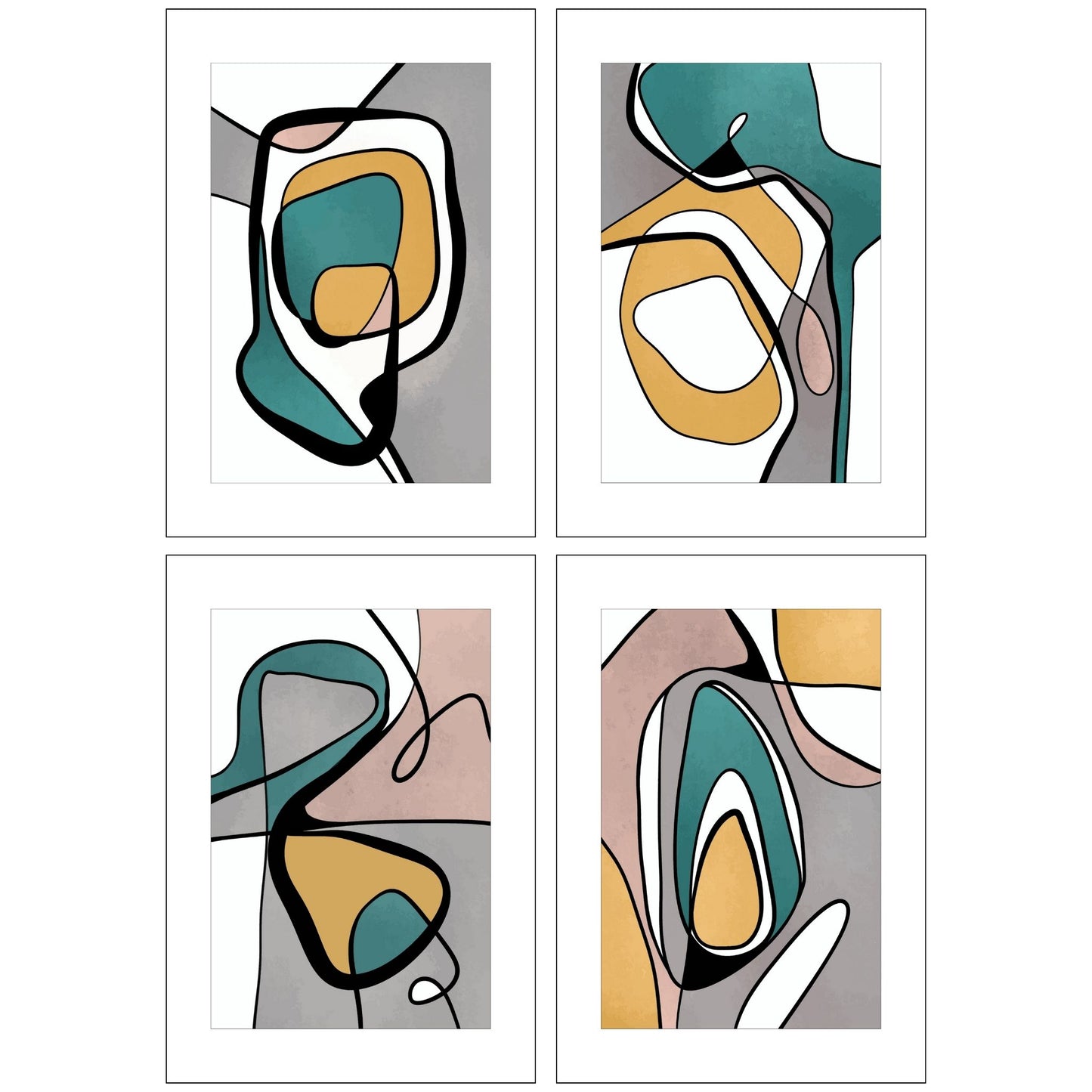 En serie med fire grafiske plakater i abstrakte former i grønt, oransje, grå, hvit, svart og gammelrosa Plakatene har en hvit kant som gir dybde og fremhever motivet.