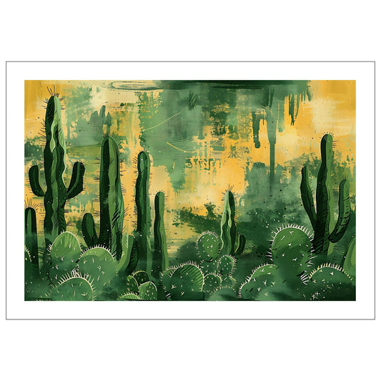 Grafisk akvarell som viser ulike kaktuser mot en bakgrunn av gule og grønne fargenyanser.