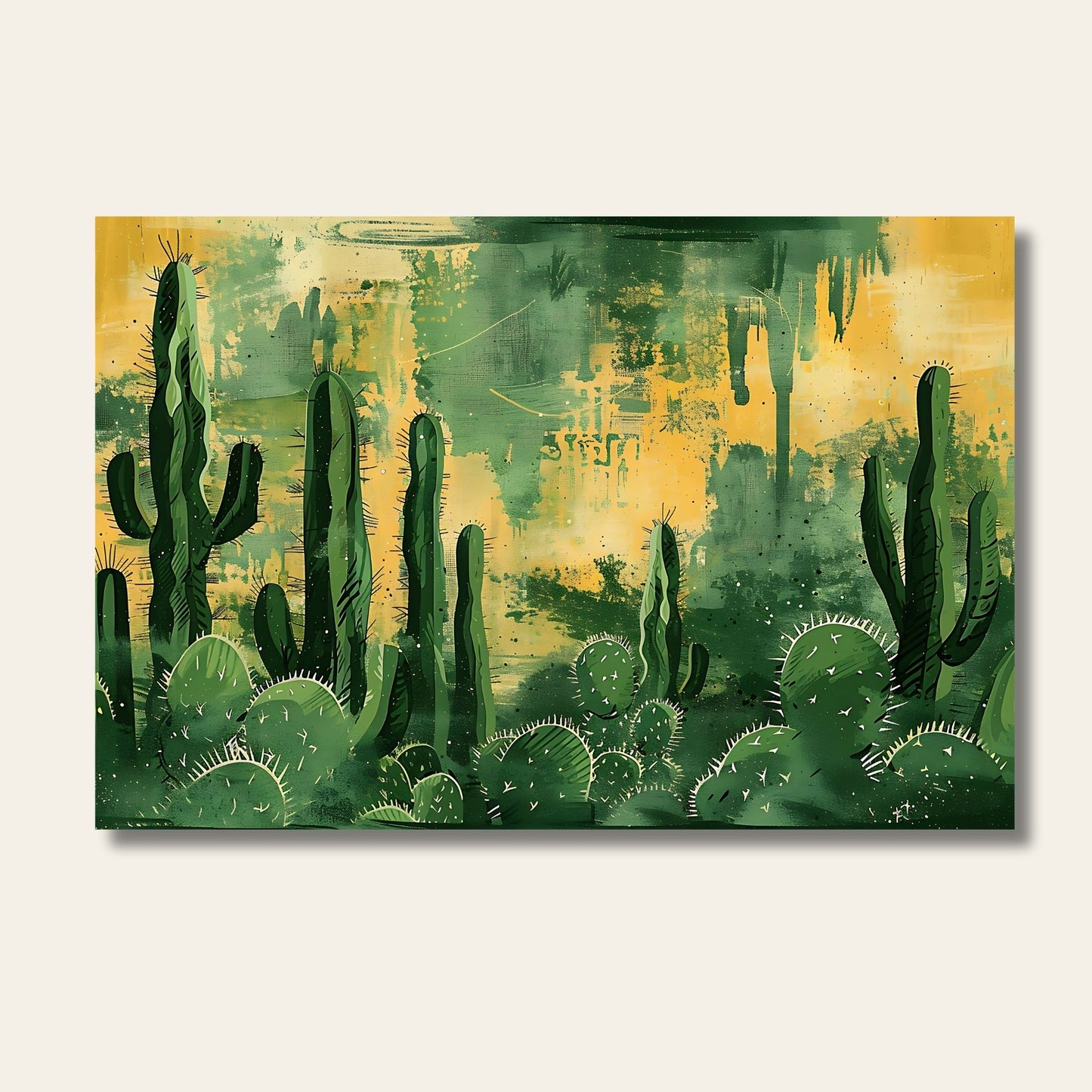 Grafisk akvarell som viser ulike kaktuser mot en bakgrunn av gule og grønne fargenyanser. Illustrasjonsfoto som viser motivet på lerret.