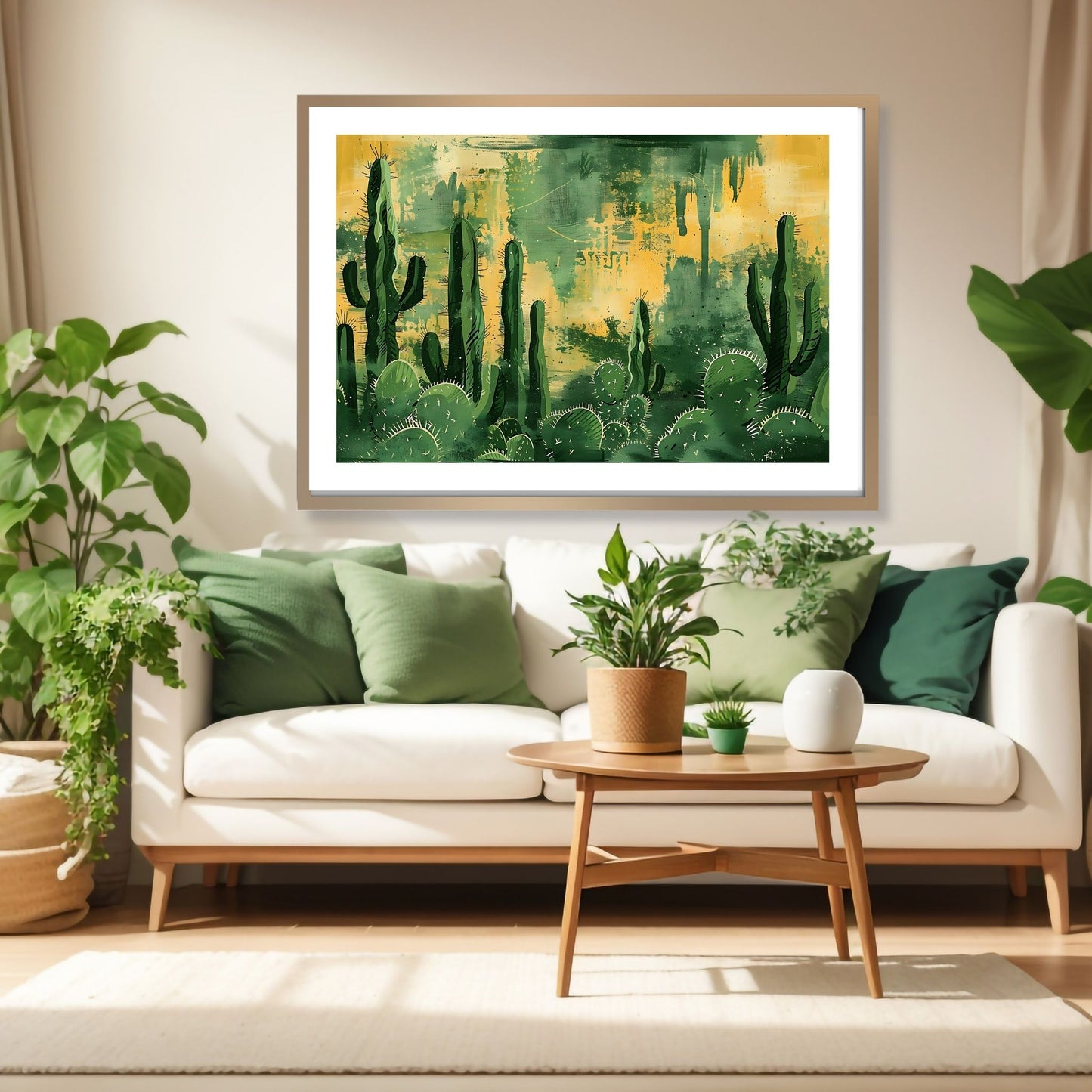 Grafisk akvarell som viser ulike kaktuser mot en bakgrunn av gule og grønne fargenyanser. Illustrasjonsfoto som viser motivet som plakat i en lys ramme over en sofa.