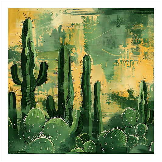 Grafisk akvarell som viser ulike kaktuser mot en bakgrunn av gule og grønne fargenyanser.