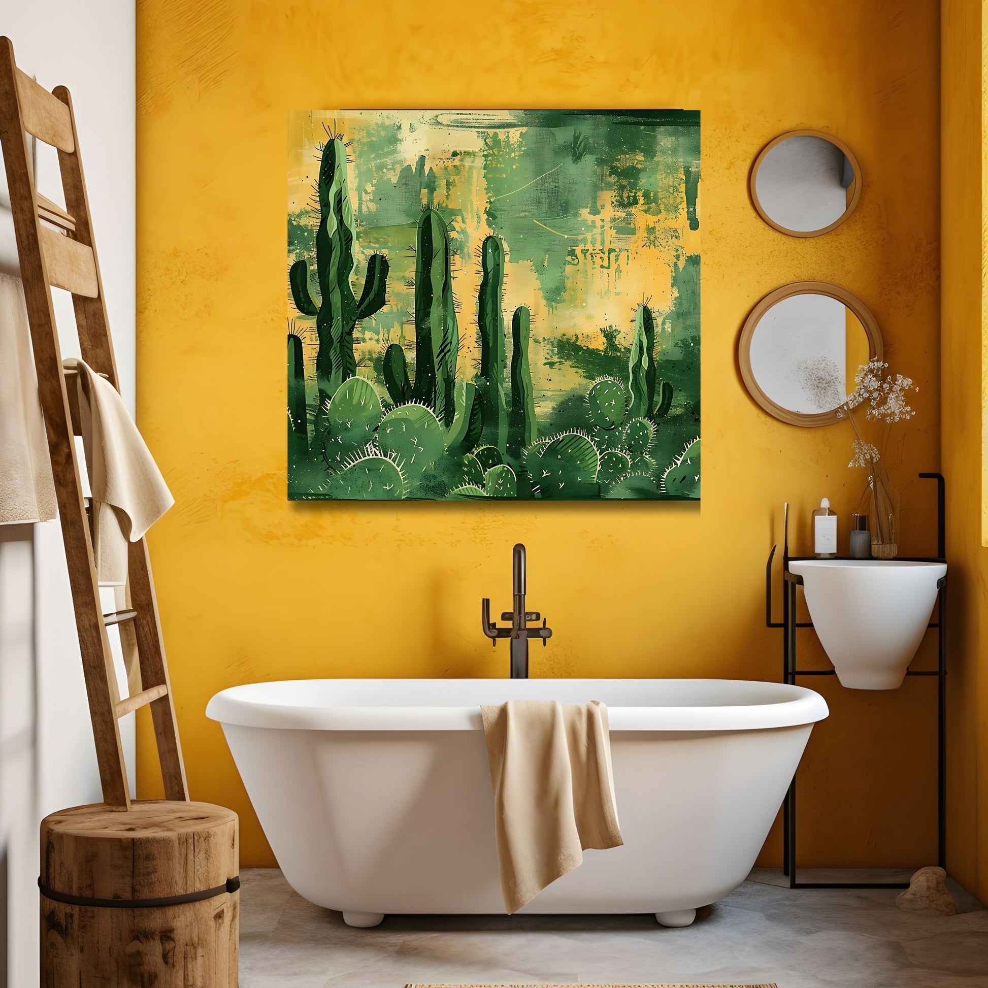 Grafisk akvarell som viser ulike kaktuser mot en bakgrunn av gule og grønne fargenyanser. Illustrasjonsfoto som viser motivet som lerret på en vegg over et badekar.