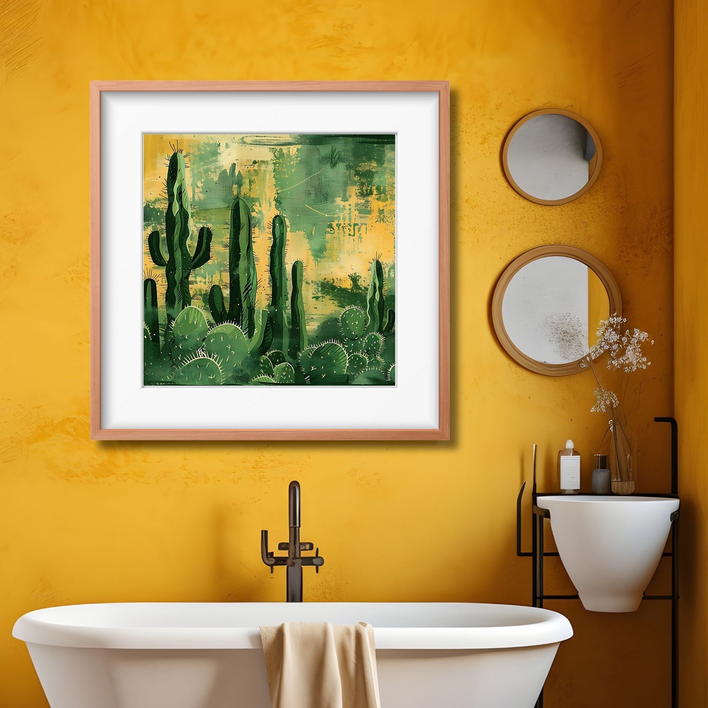 Grafisk akvarell som viser ulike kaktuser mot en bakgrunn av gule og grønne fargenyanser. Illustrasjonsfoto som viser motivet som plakat i en lys ramme på en vegg over et badekar.