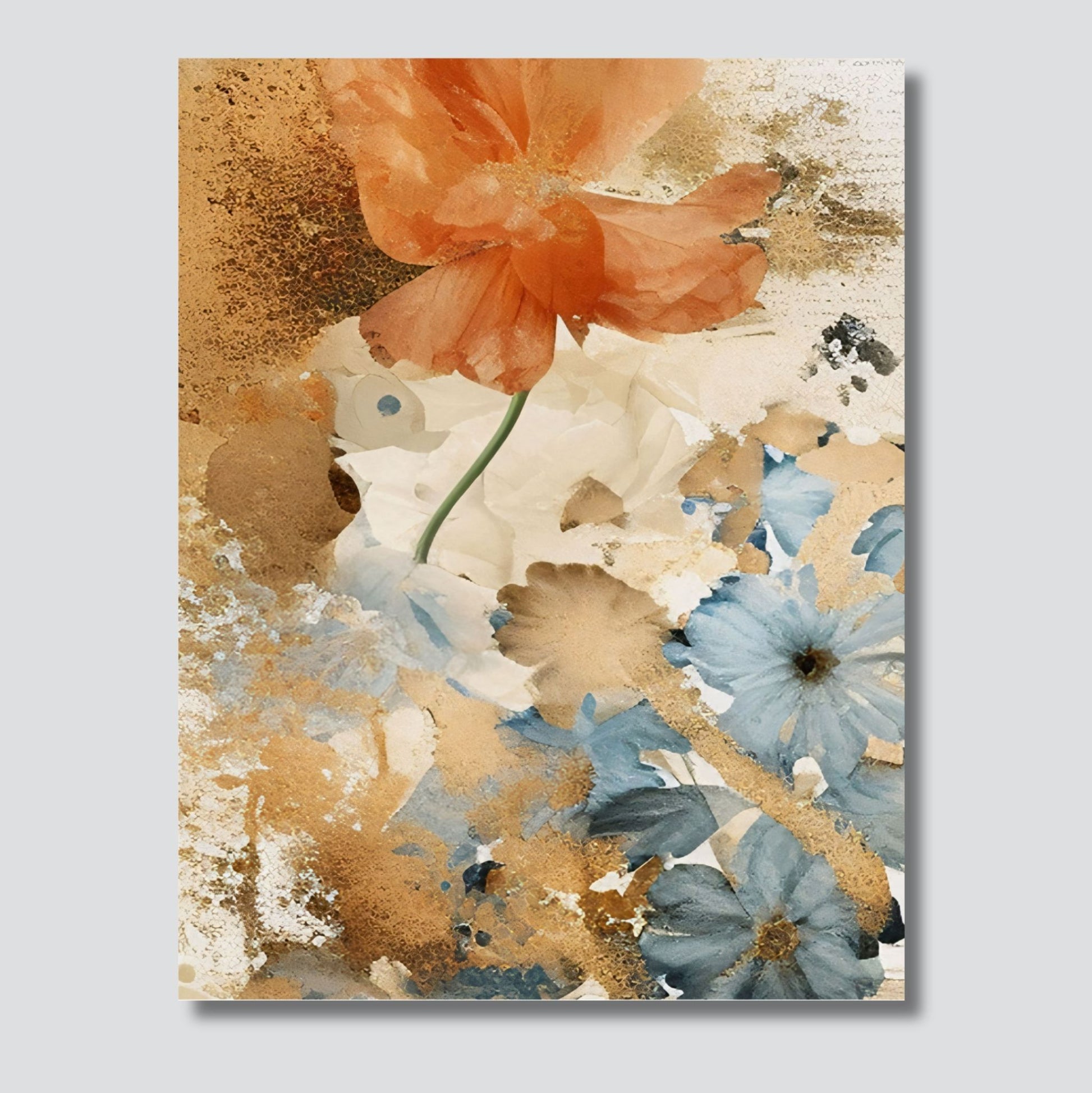 Abstract Floral grafisk akvarell i duse fargenyanser i rust, lyseblått og beige. Illustrasjon av motivet på lerret.