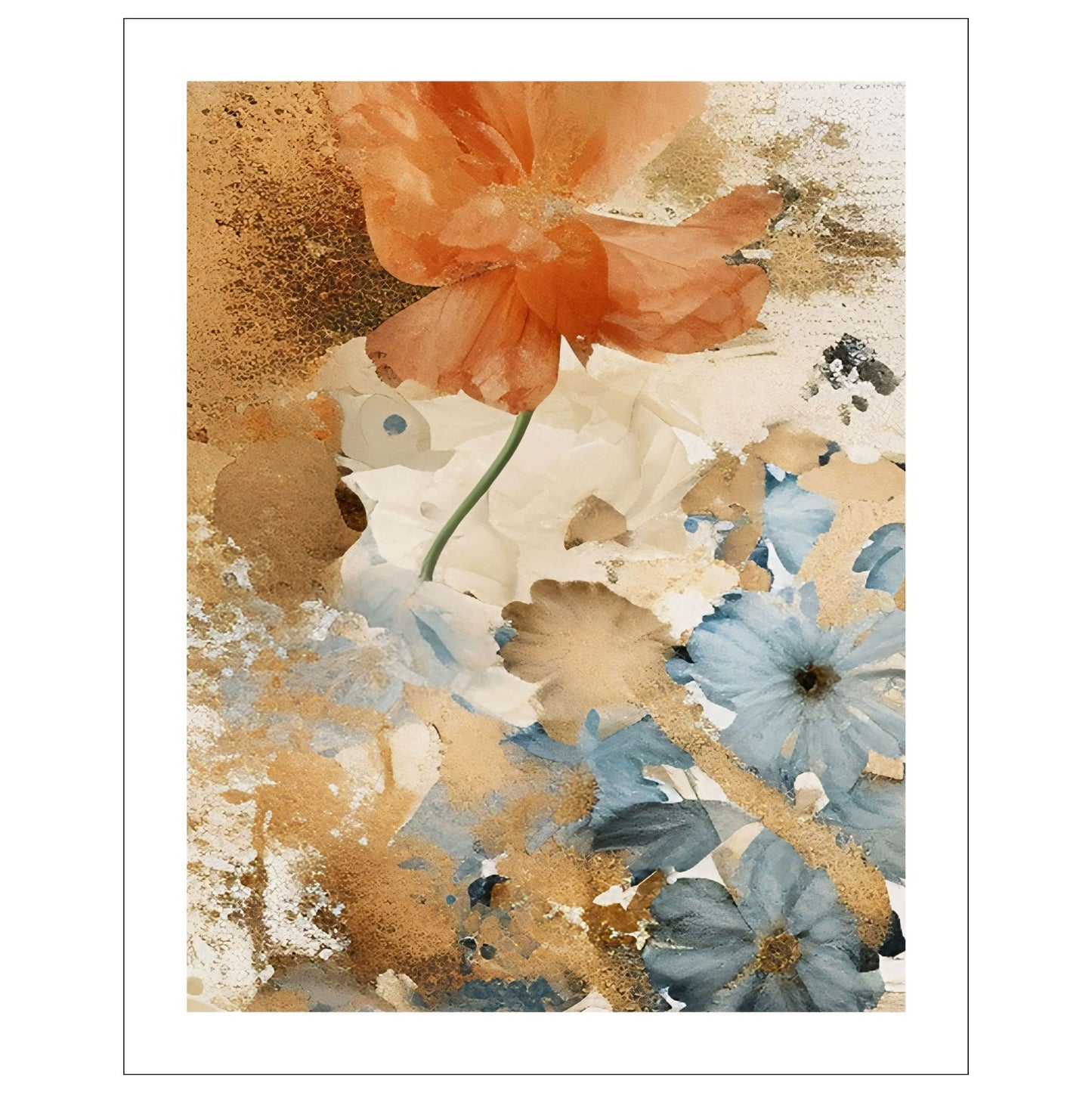 Abstract Floral grafisk akvarell i duse fargenyanser i rust, lyseblått og beige. Plakaten har en hvit, dekorativ kant.