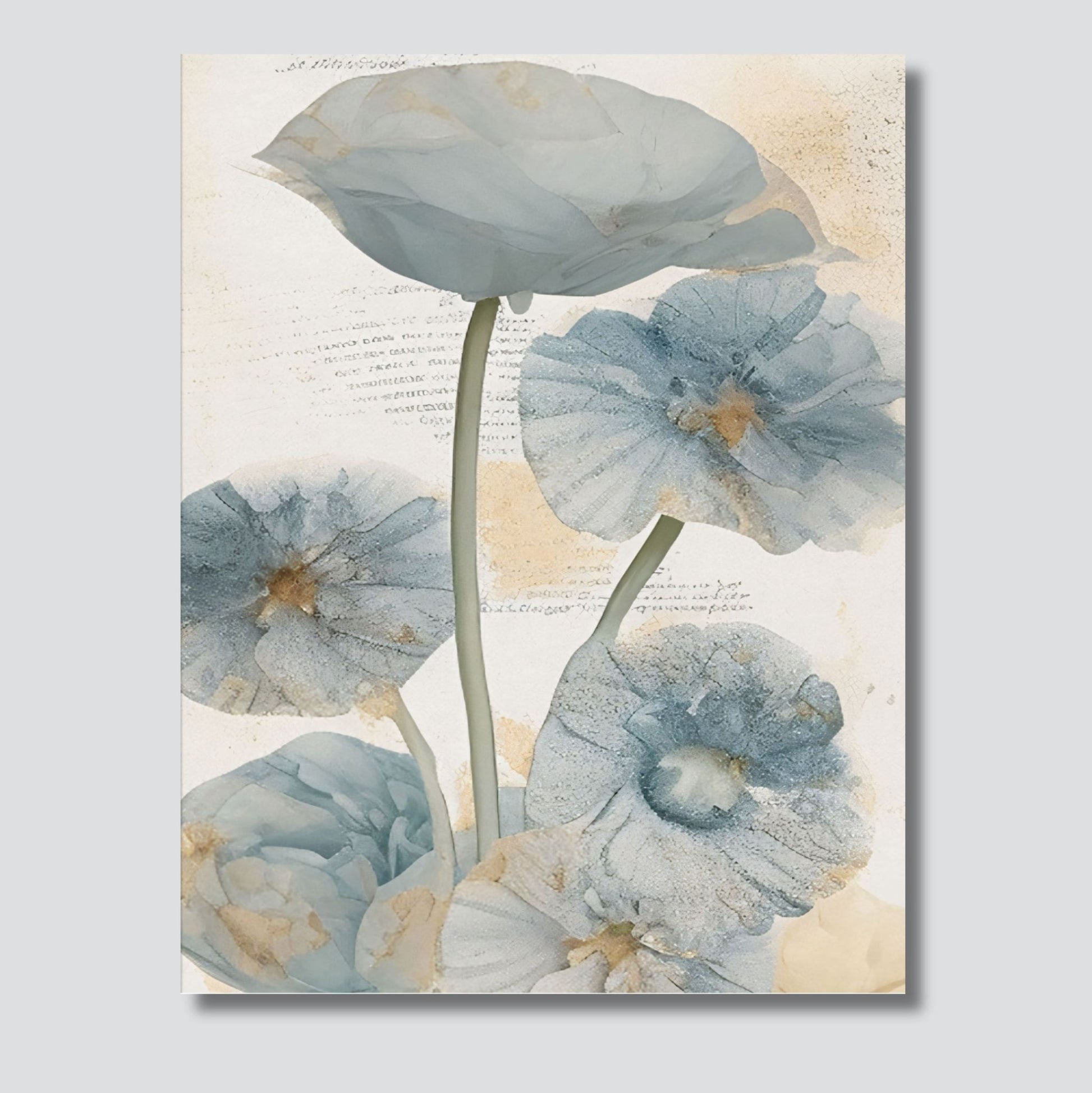 Abstract Floral grafisk akvarell i duse fargenyanser i brunt, blått og beige. Illustrasjon av motiv på lerret.