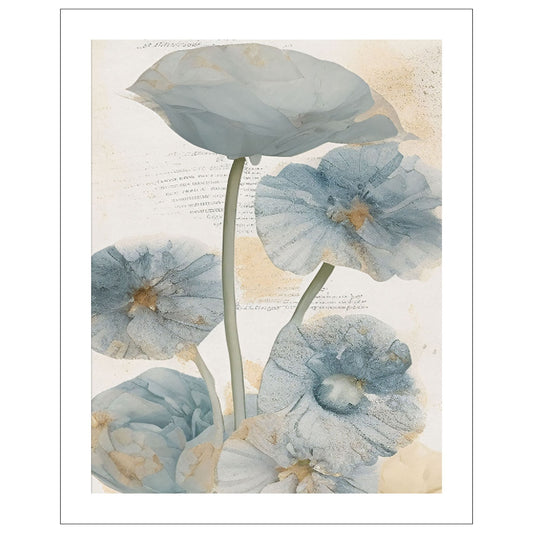 Abstract Floral grafisk akvarell i duse fargenyanser i brunt, blått og beige. Plakaten har en hvit, dekorativ kant. 