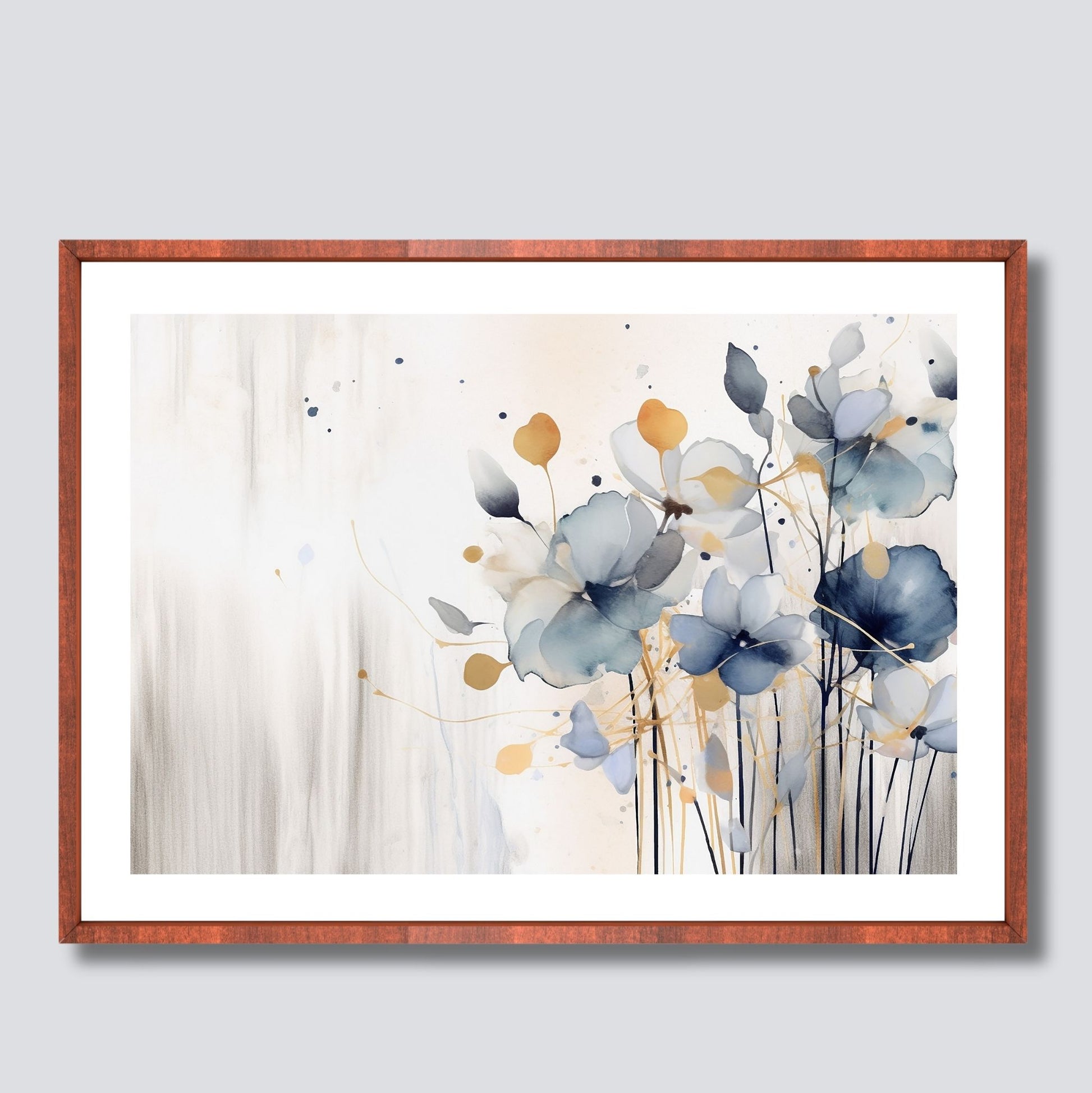 Abstract Floral grafisk akvarell i duse fargenyanser i rust, blått og beige. Illustrasjon viser plakat i ramme.