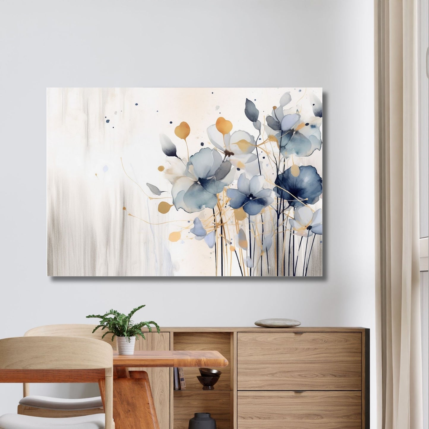 Abstract Floral grafisk akvarell i duse fargenyanser i rust, blått og beige. Plakaten har en hvit, dekorativ kant. Illustrasjon viser motis på lerret som henger i en ramme  over et skap.