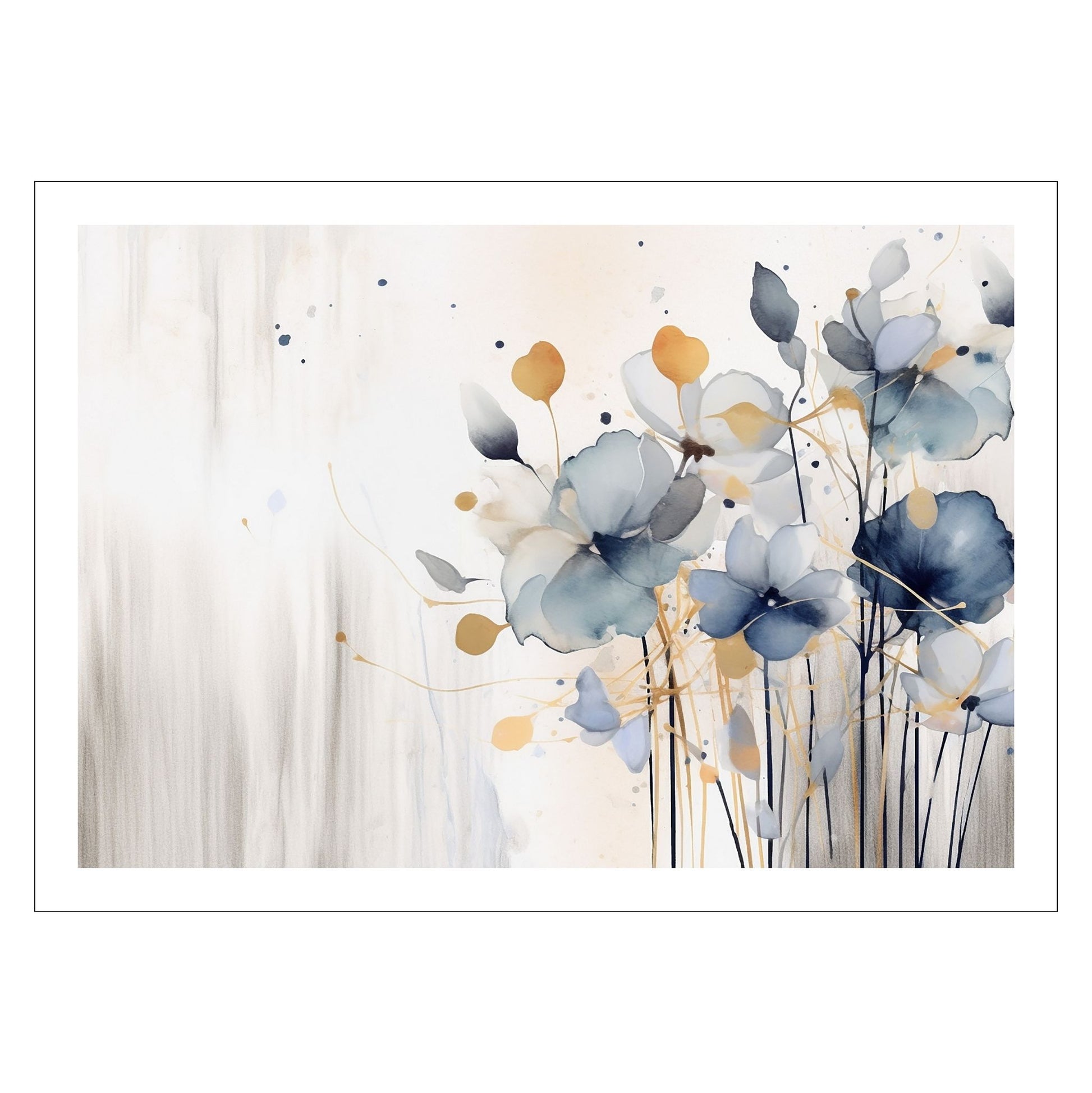 Abstract Floral grafisk akvarell i duse fargenyanser i rust, blått og beige. Plakaten har en hvit, dekorativ kant. 