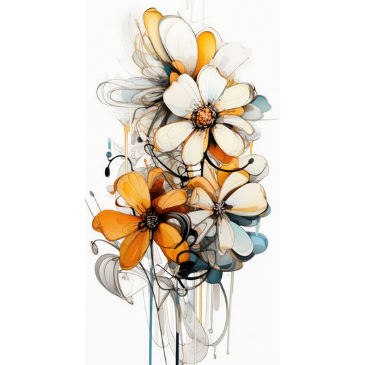 Dette grafiske kunstmaleriet fanger essensen av en blomsterbukett i varme oransje fargenyanser, plassert mot en lys bakgrunn som fremhever hver detalj.