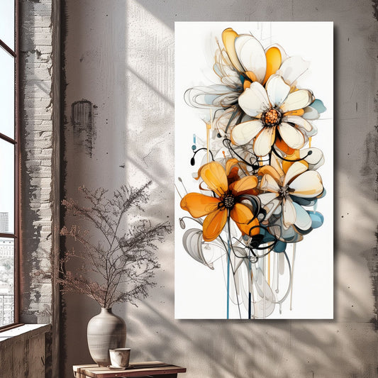 Dette grafiske kunstmaleriet fanger essensen av en blomsterbukett i varme oransje fargenyanser, plassert mot en lys bakgrunn som fremhever hver detalj. Illustrasjonsfoto viser lerretsmotivet på en vegg.