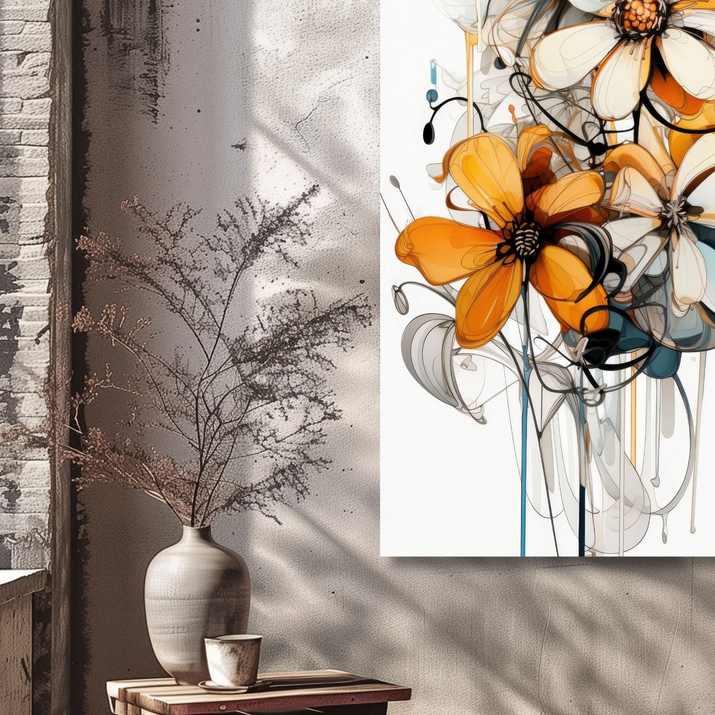 Dette grafiske kunstmaleriet fanger essensen av en blomsterbukett i varme oransje fargenyanser, plassert mot en lys bakgrunn som fremhever hver detalj. Illustrasjonsfoto viser lerretsmotivet på en vegg.