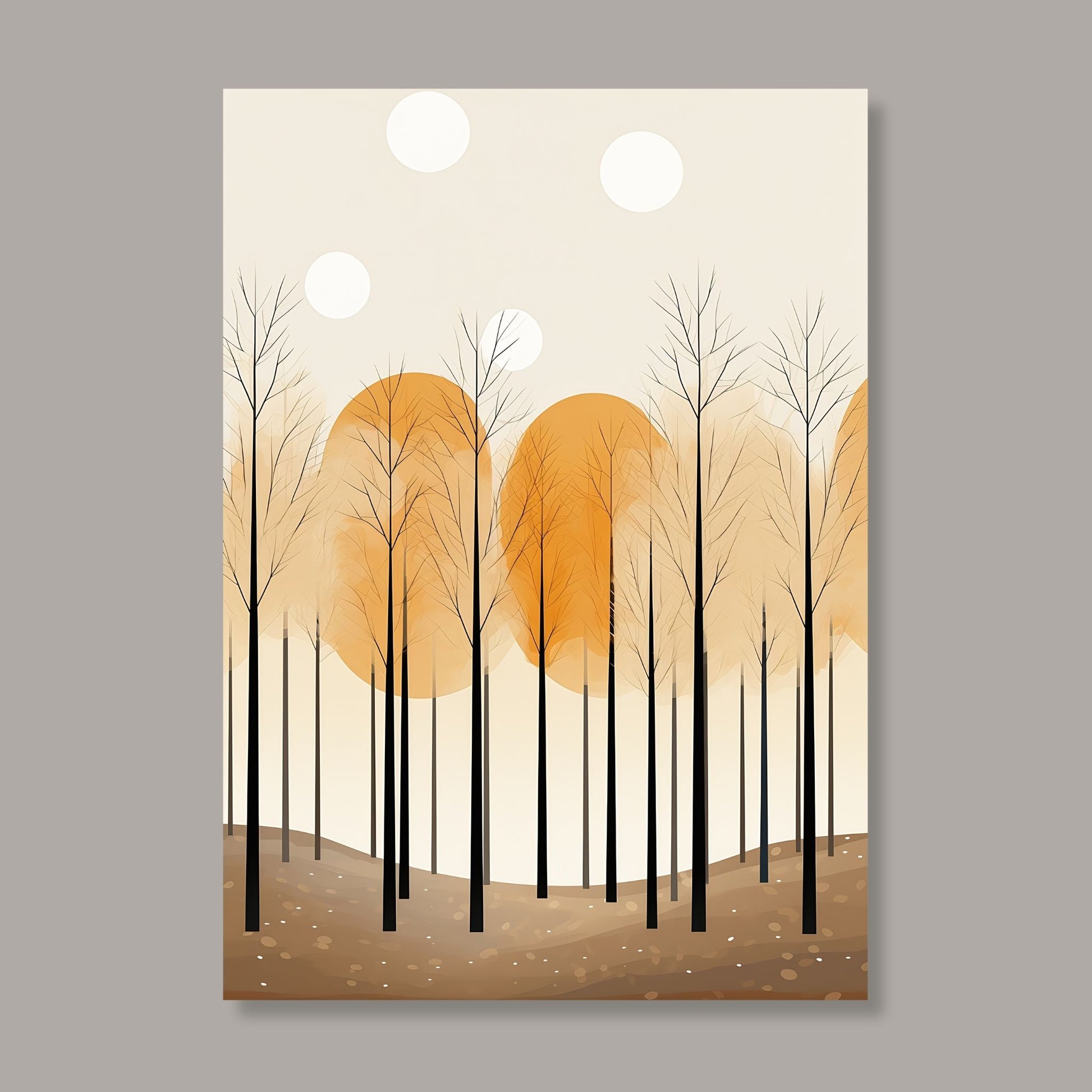Abstract Forest - grafisk og abstrakt motiv av høye, slanke trær og skog i rust- og beige fargetoner. Illustrasjon av motiv på lerret.