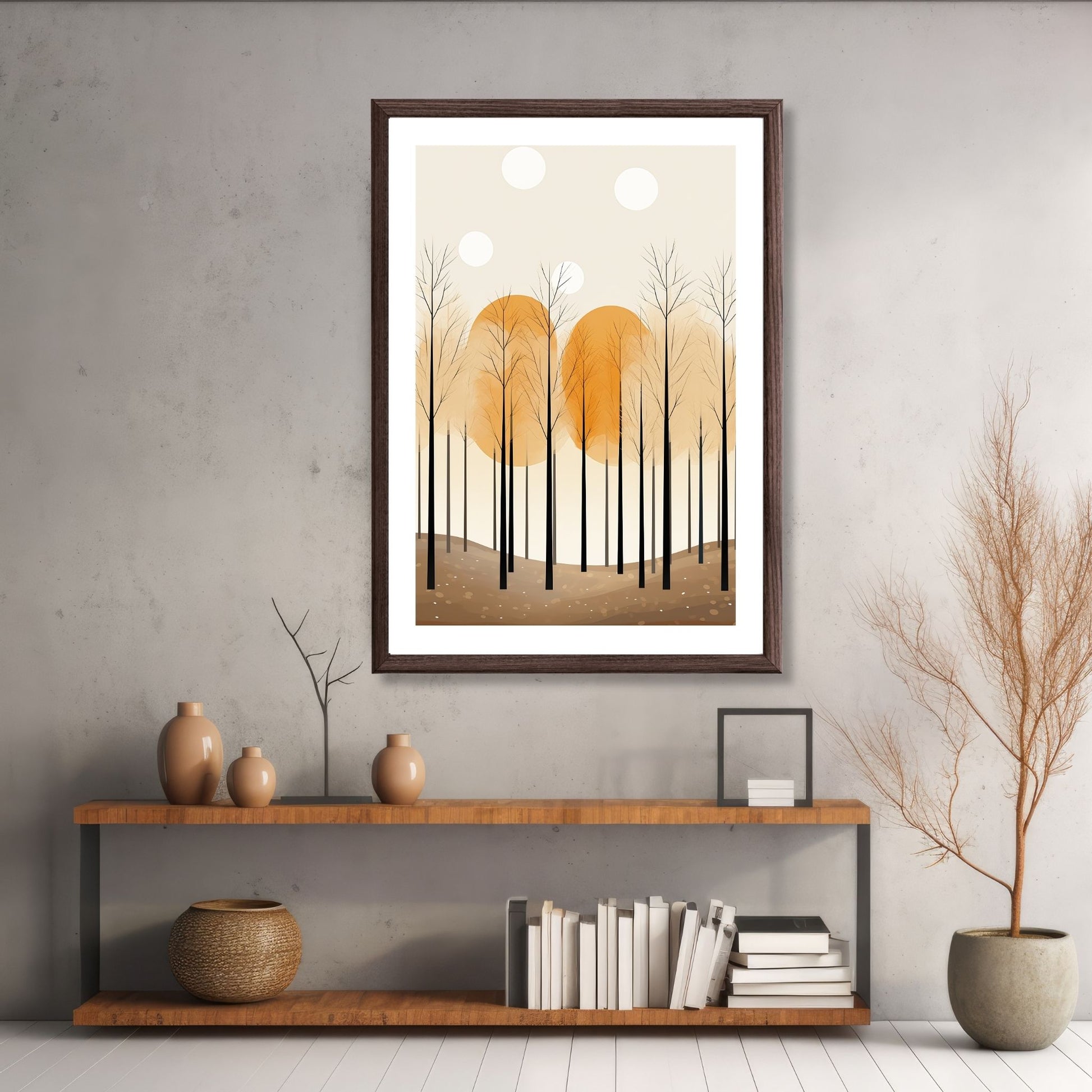 Abstract Forest - grafisk og abstrakt motiv av høye, slanke trær og skog i rust- og beige fargetoner. Illustrasjon av motiv i brun ramme.