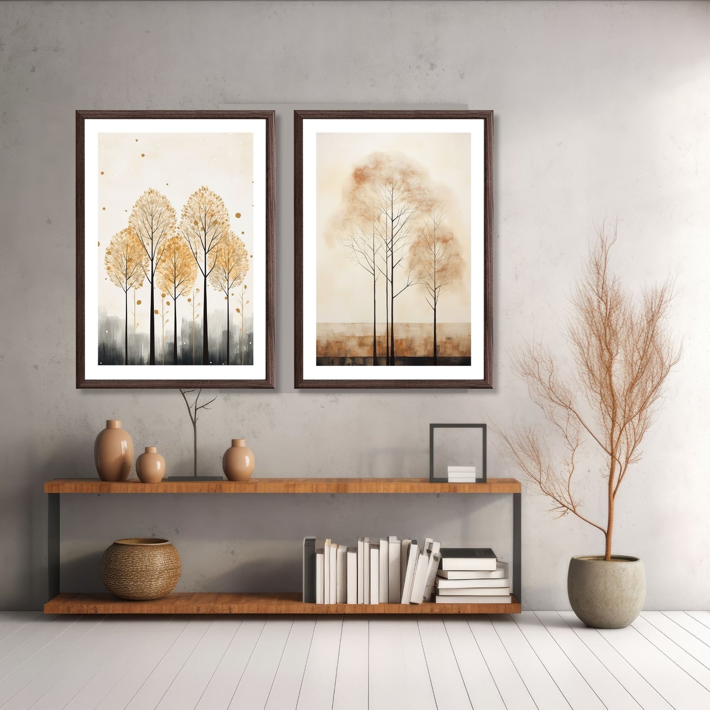 Abstract Forest - grafisk og abstrakt motiv av høye, slanke trær og skog i rust- og beige fargetoner Illustrasjon av motiv 2 og 3 i brun ramme.