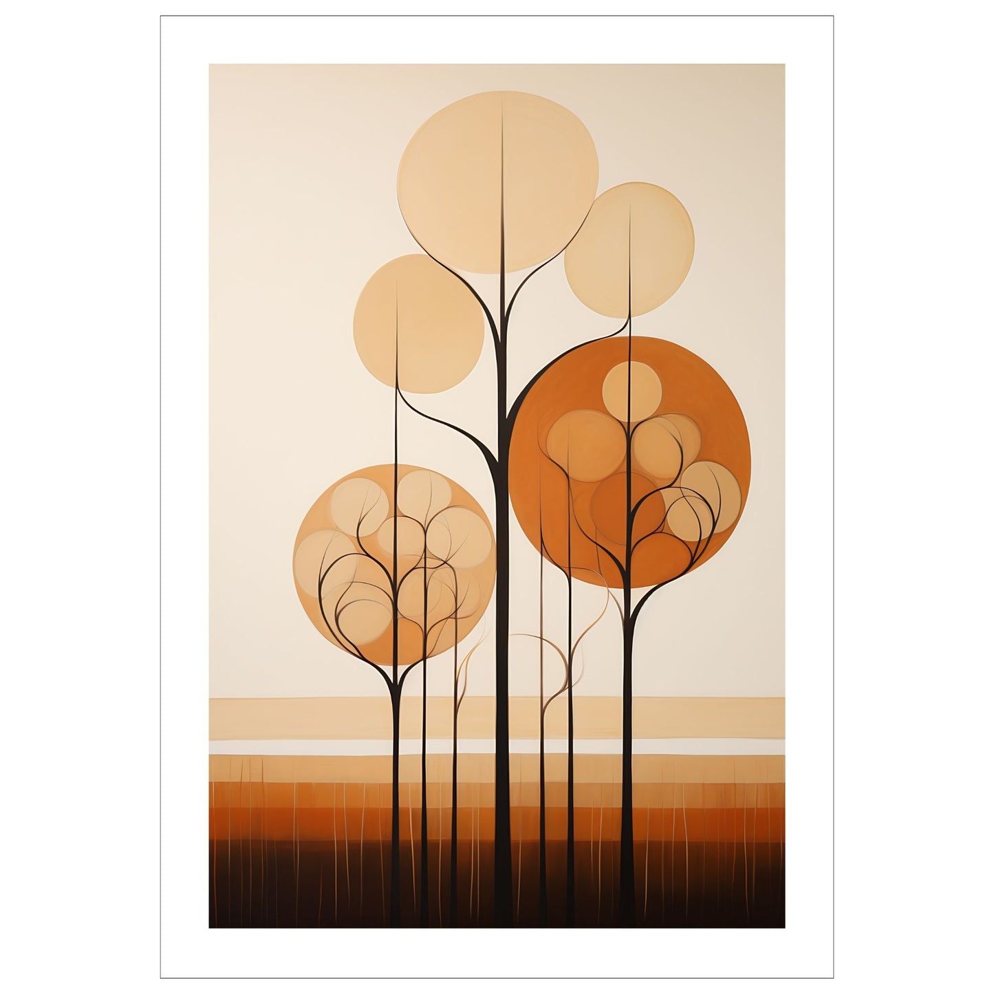 Abstract Forest - grafisk og abstrakt motiv av høye, slanke trær og skog i rust- og beige fargetoner.