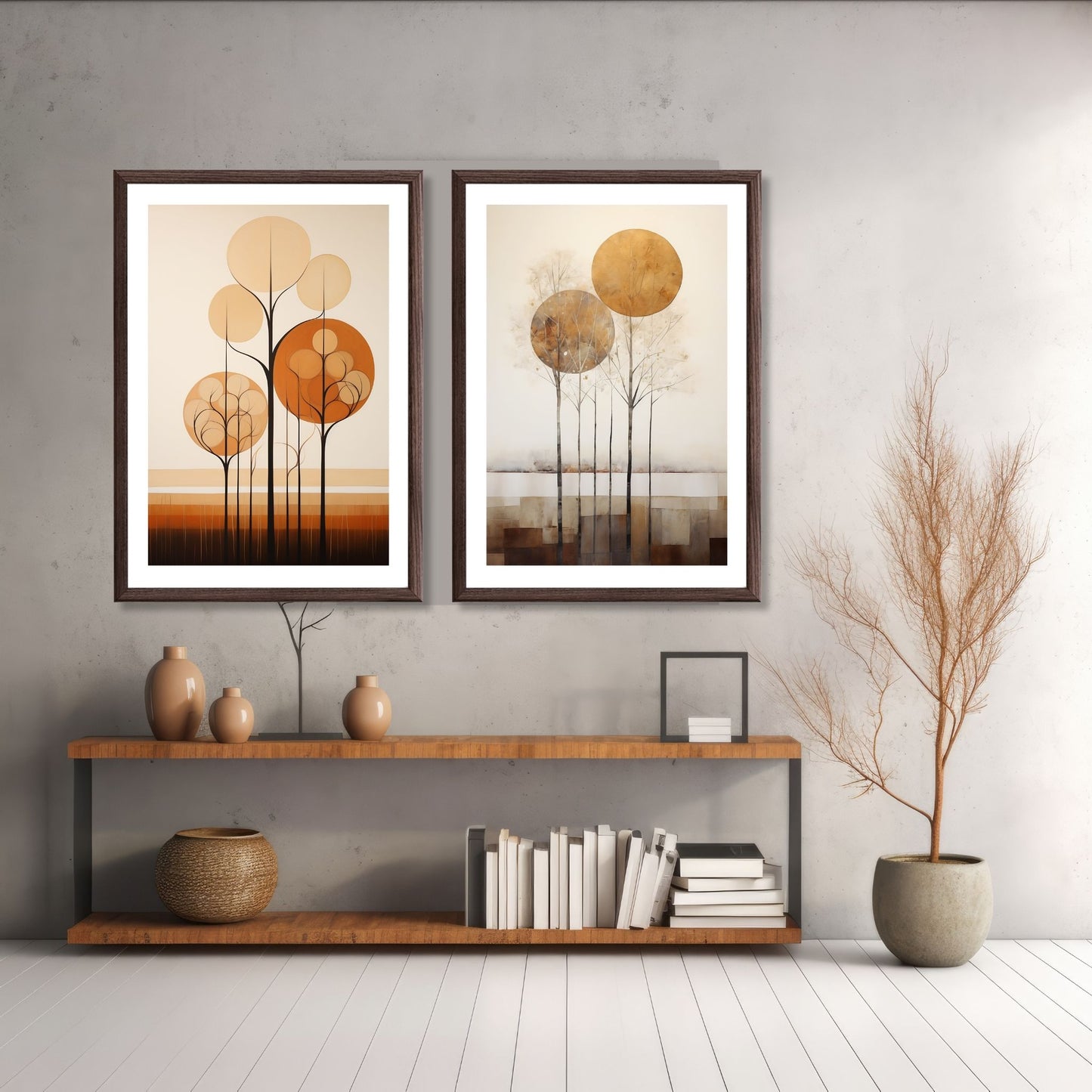 Abstract Forest - grafisk og abstrakt motiv av høye, slanke trær og skog i rust- og beige fargetoner Illustrasjon av motiv 4 og 5 i brun ramme.