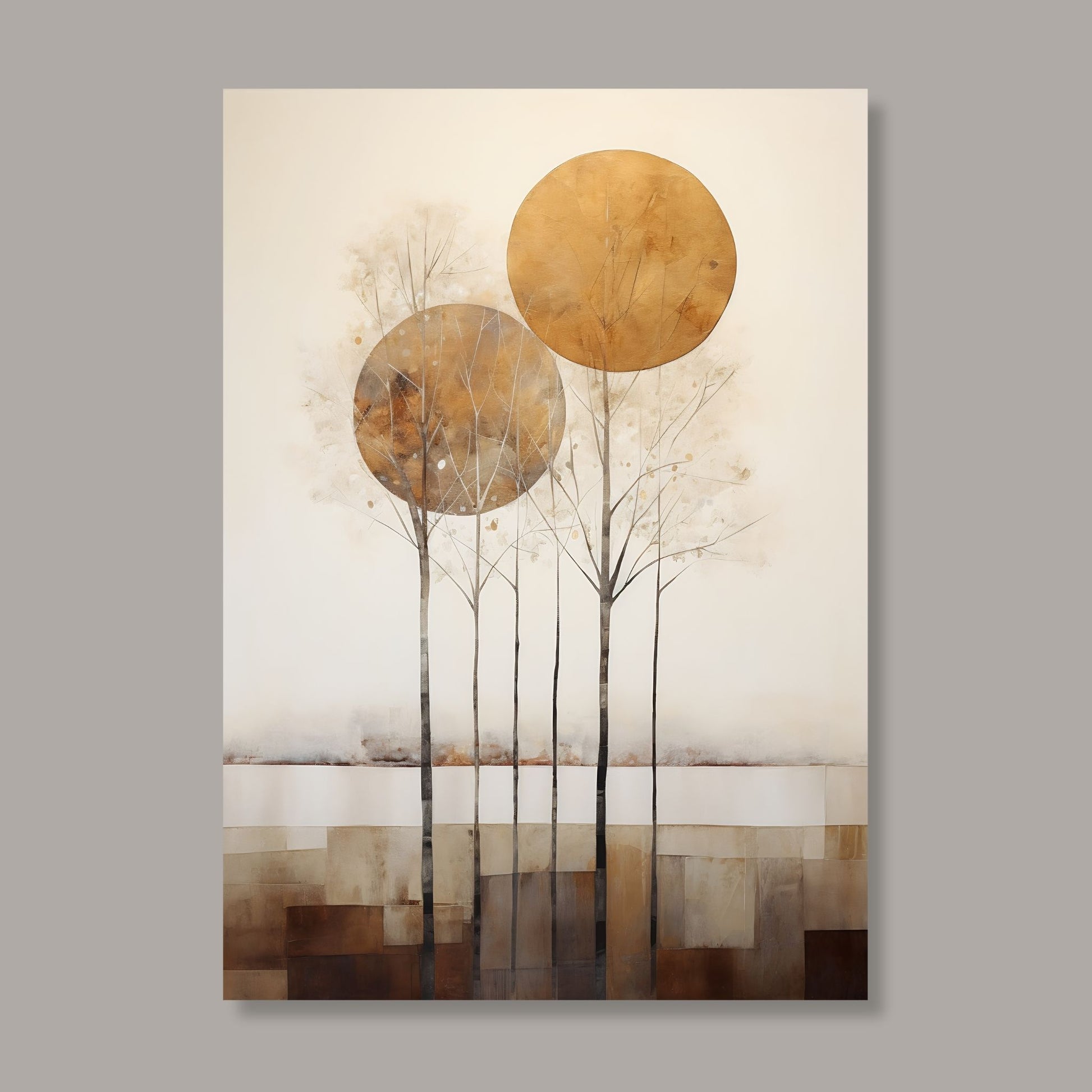 Abstract Forest - grafisk og abstrakt motiv av høye, slanke trær og skog i rust- og beige fargetoner. Illustrasjon av motiv på lerret.