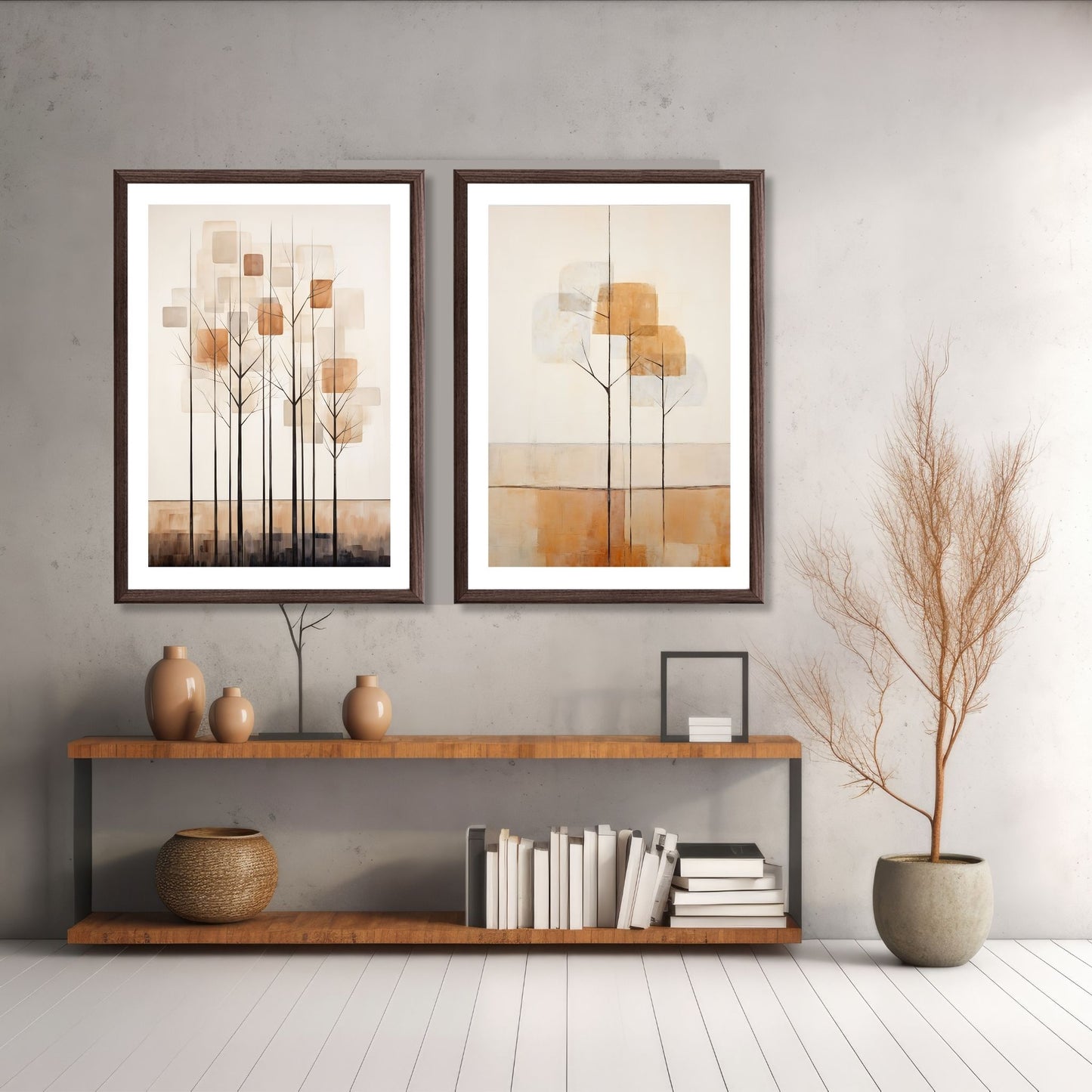 Abstract Forest - grafisk og abstrakt motiv av høye, slanke trær og skog i rust- og beige fargetoner Illustrasjon av motiv 7 og 8 i brun ramme.