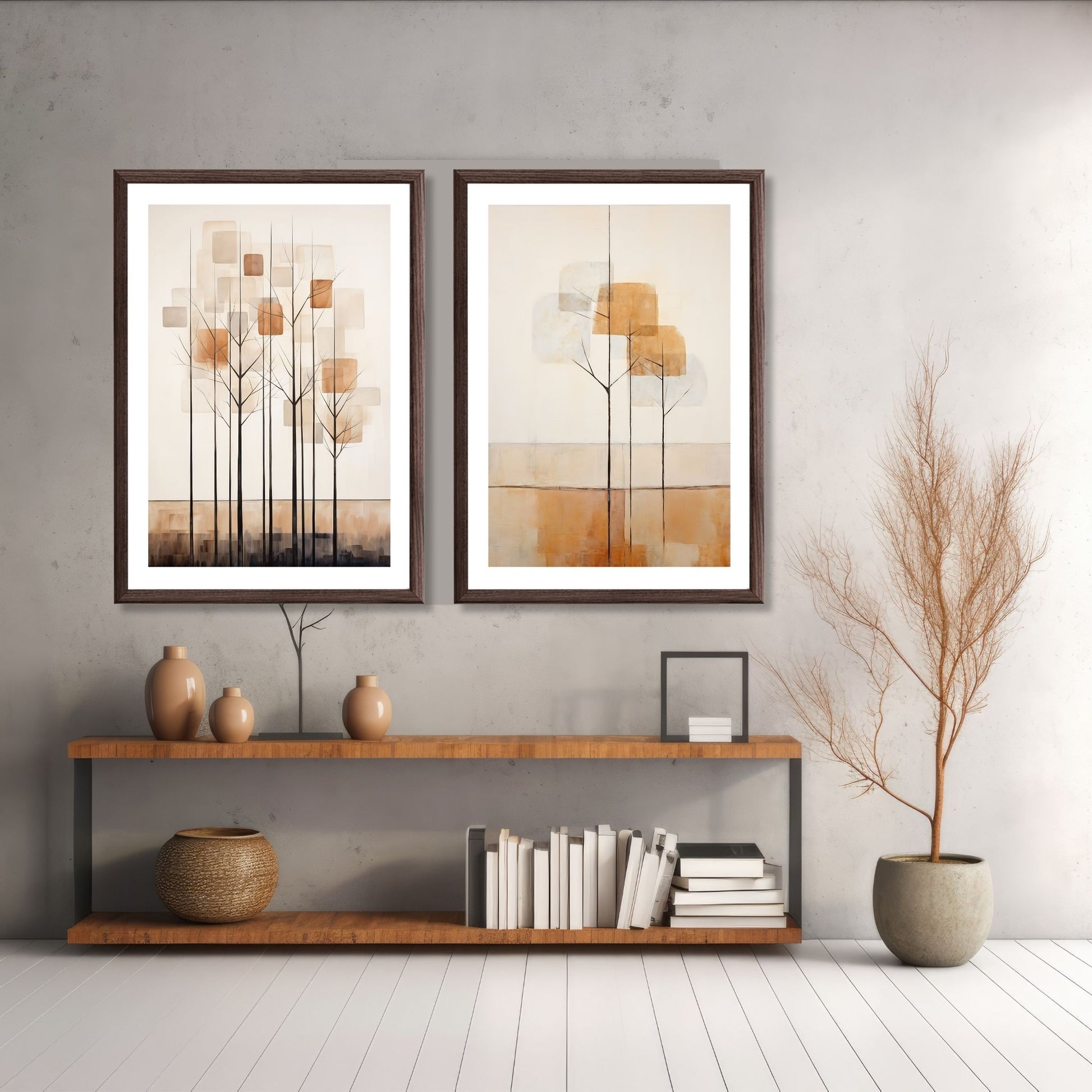 Abstract Forest - grafisk og abstrakt motiv av høye, slanke trær og skog i rust- og beige fargetoner Illustrasjon av motiv 7 og 8 i brun ramme.
