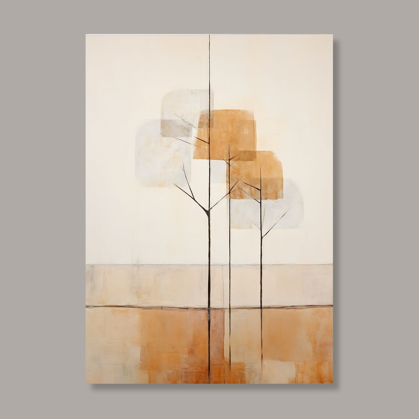 Abstract Forest - grafisk og abstrakt motiv av høye, slanke trær og skog i rust- og beige fargetoner. Illustrasjon av motiv på lerret.