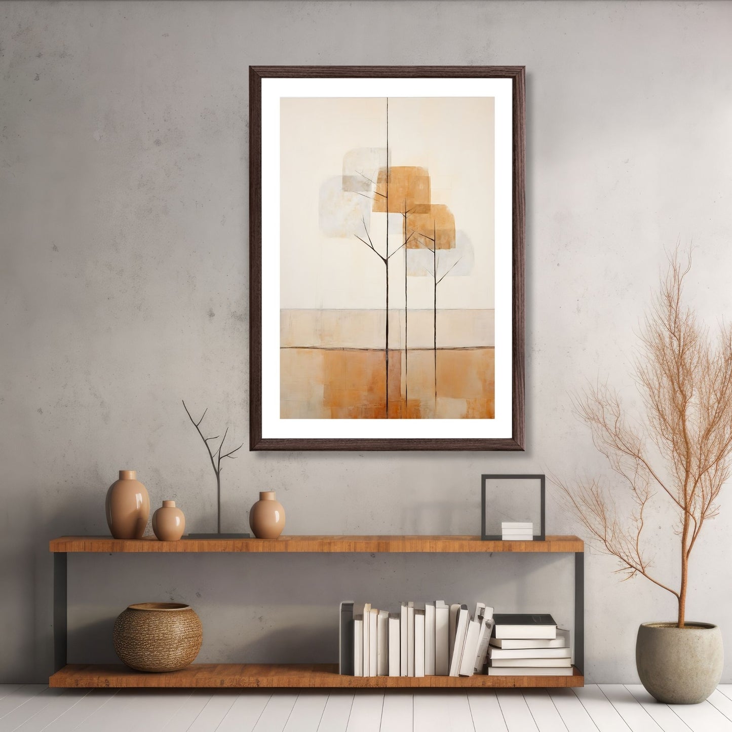 Abstract Forest - grafisk og abstrakt motiv av høye, slanke trær og skog i rust- og beige fargetoner. Illustrasjon av motiv i brun ramme.