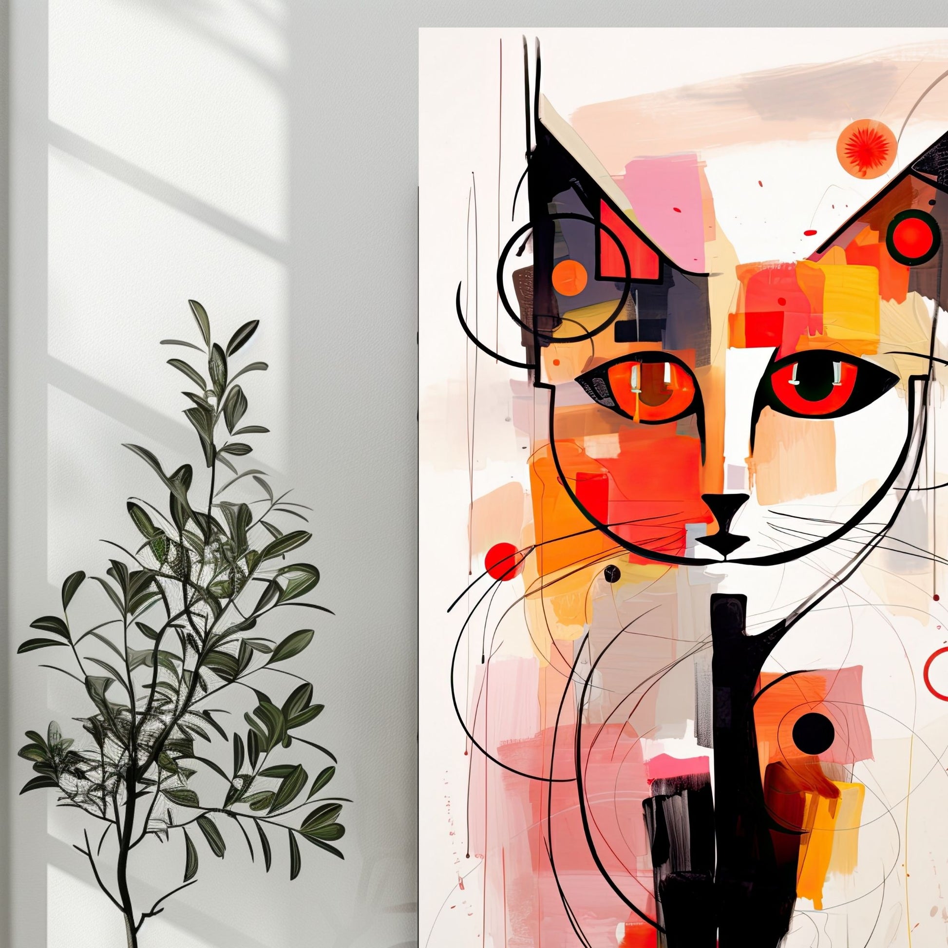 Dette kunstmaleriet viser en katt i en dynamisk fargekombinasjon av svart, gult, rødt og grått på en elegant beige bakgrunn.  Illustrasjonsfot viser lerretsmotivet på en vegg.