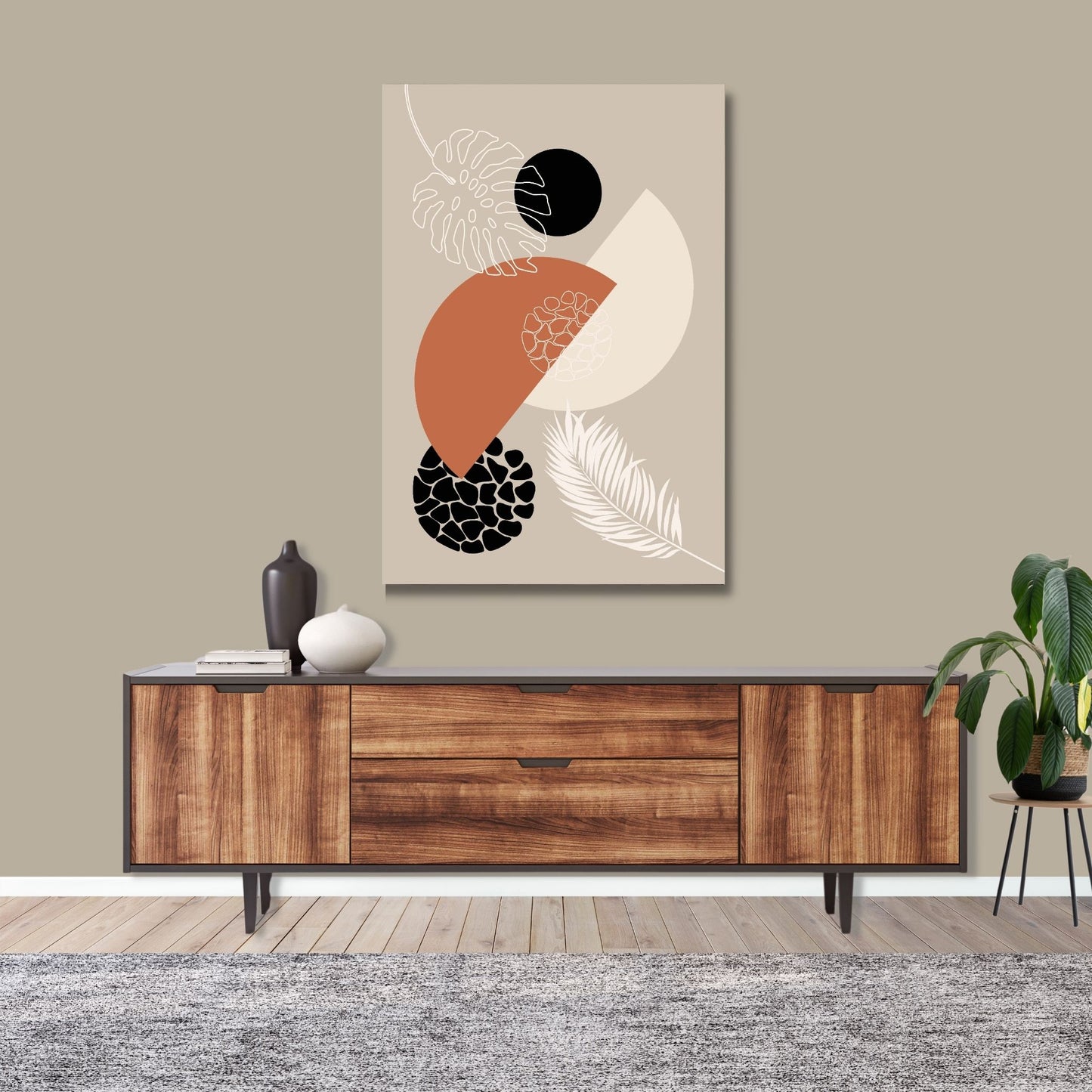 Abstract Shapes No1.1 i sort, beige, rust og hvite fargenyanser. Plakat har en hvit kant om gir dybde og fremhever motivet. Illustrasjon som viser motiv på lerret.