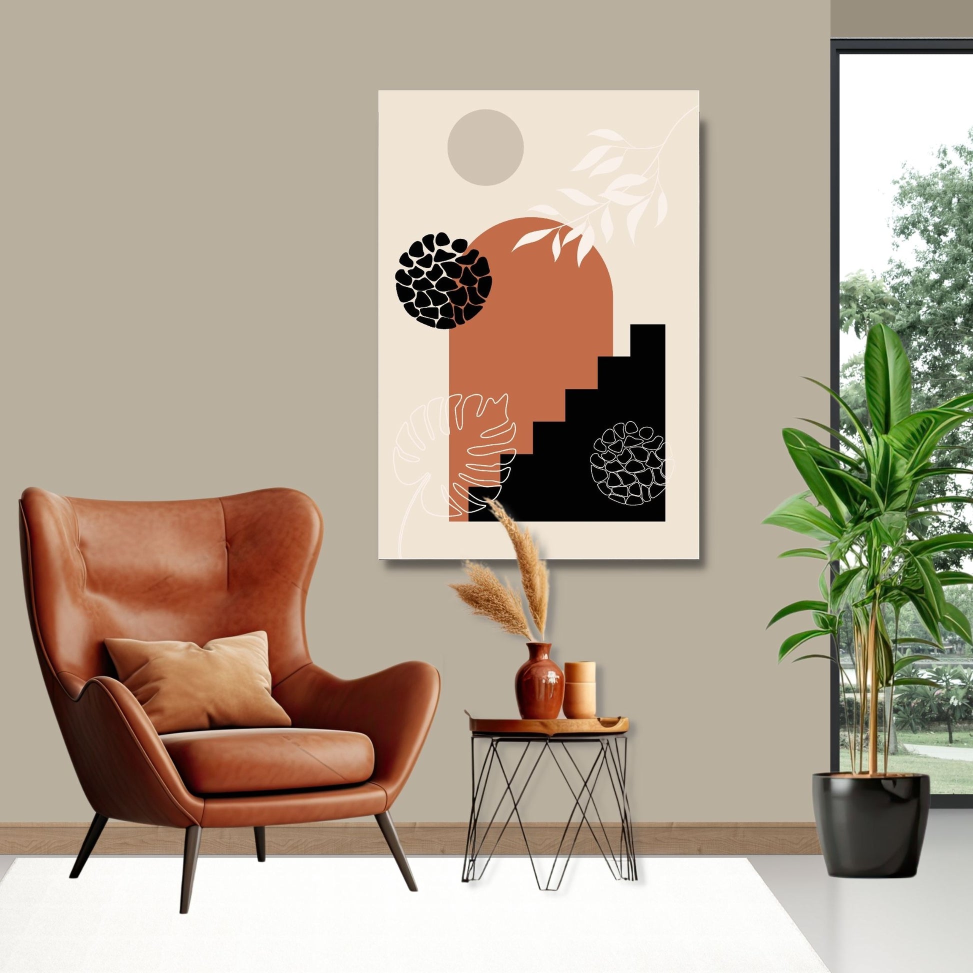 Abstract Shapes No2.1 i sort, beige, rust og hvite fargenyanser. Plakat har en hvit kant om gir dybde og fremhever motivet. Illustrasjon som viser motiv på lerret.