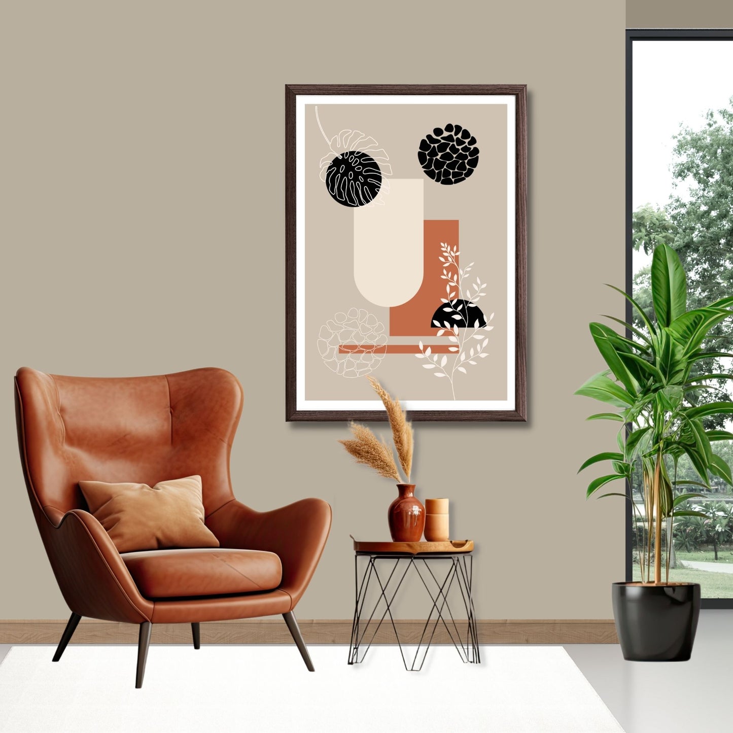 Abstract Shapes No2.1 i sort, beige, rust og hvite fargenyanser. Plakat har en hvit kant om gir dybde og fremhever motivet. Illustrasjon som viser motiv i brun ramme.