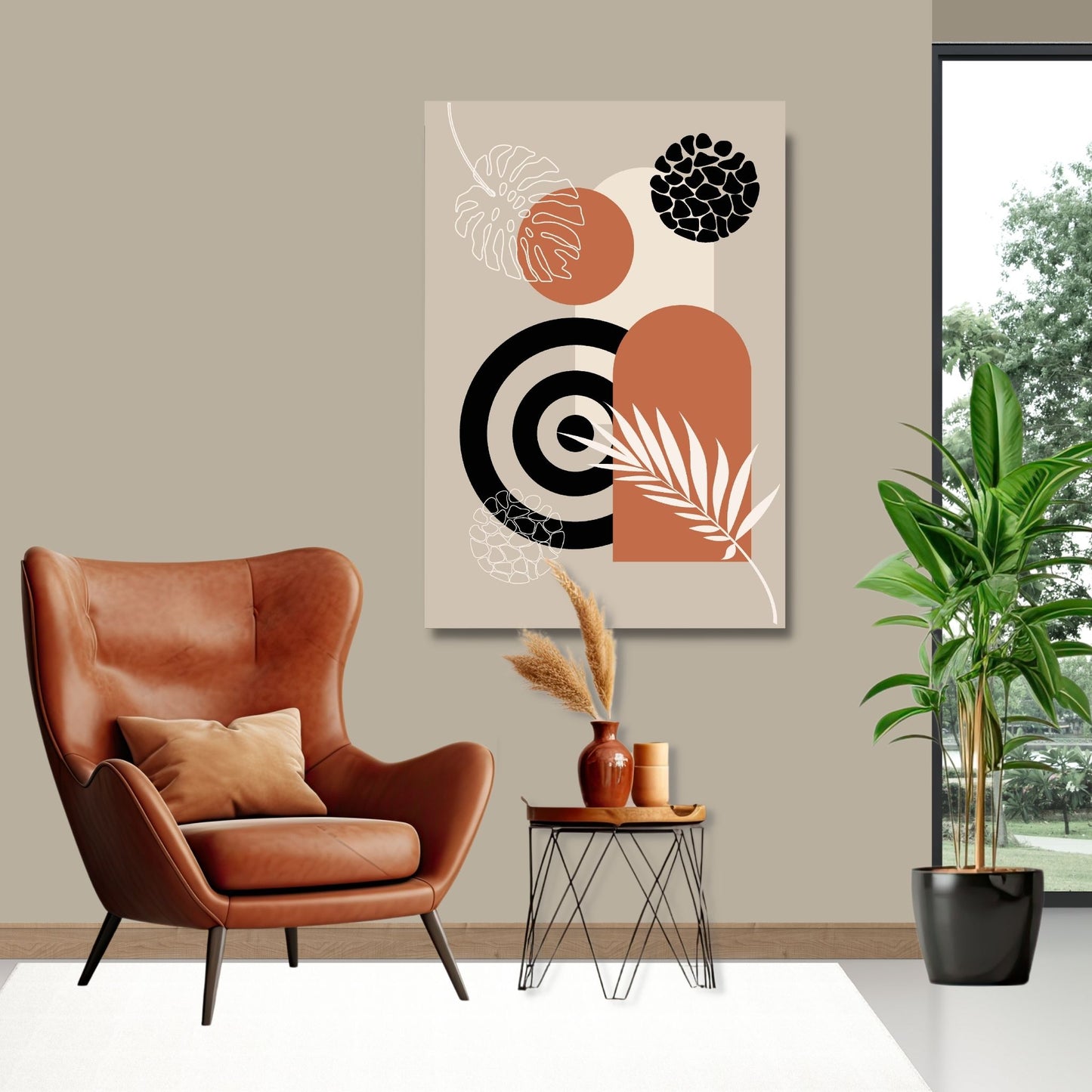 Abstract Shapes No2.3 i sort, beige, rust og hvite fargenyanser. Plakat har en hvit kant om gir dybde og fremhever motivet. Illustrasjon som viser motiv på lerret.