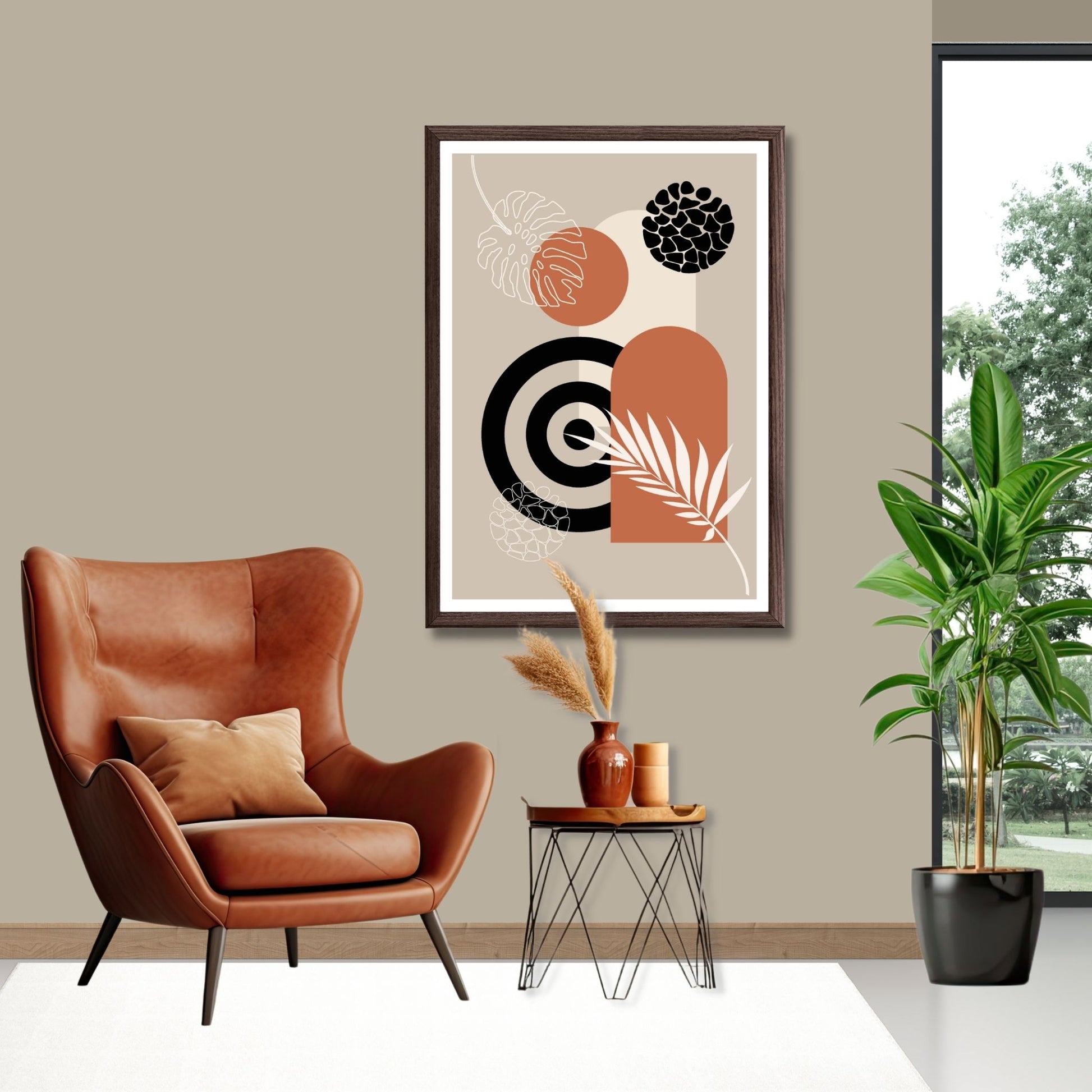 Abstract Shapes No2.3 i sort, beige, rust og hvite fargenyanser. Plakat har en hvit kant om gir dybde og fremhever motivet. Illustrasjon som viser motiv i brun ramme.