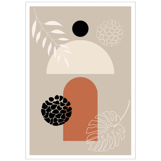 Abstract Shapes No3.3 i sort, beige, rust og hvite fargenyanser. Plakat har en hvit kant om gir dybde og fremhever motivet. 