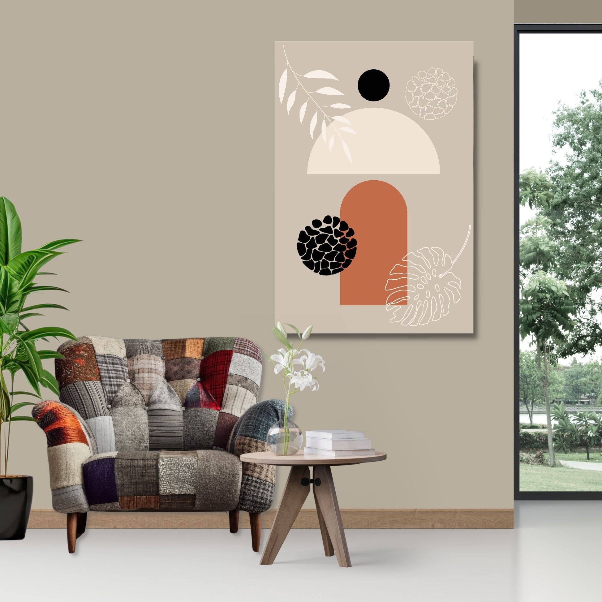 Abstract Shapes No3.3 i sort, beige, rust og hvite fargenyanser. Plakat har en hvit kant om gir dybde og fremhever motivet. Illustrasjon som viser motiv på lerret.