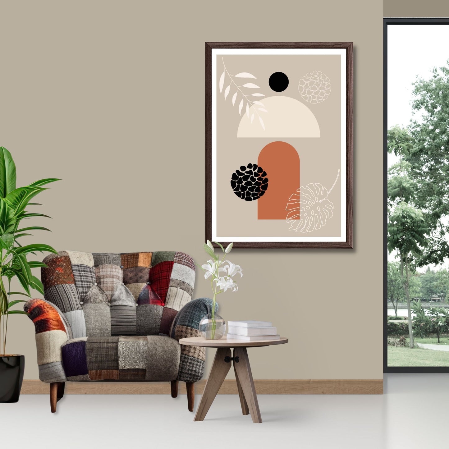 Abstract Shapes No3.3 i sort, beige, rust og hvite fargenyanser. Plakat har en hvit kant om gir dybde og fremhever motivet. Illustrasjon som viser motiv i brun ramme.