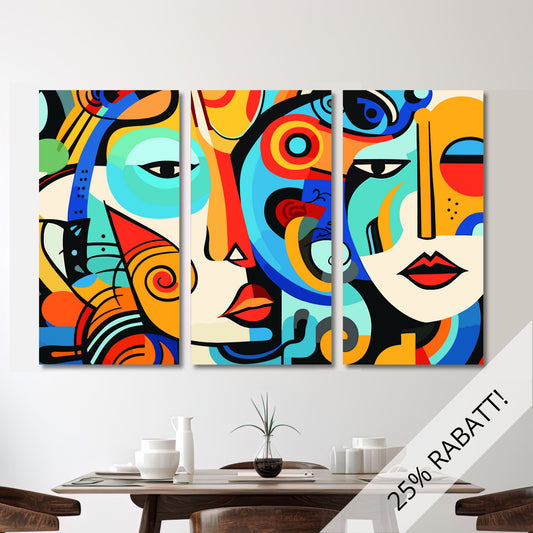 Dette unike kunstverket består av tre sammenhengende lerretspaneler som til sammen danner et imponerende motiv av to ansikter med et fargerikt bakteppe på hele 150 x 100 cm.  Miljøfotografi viser lerretspanelene på en vegg over et spisebord.