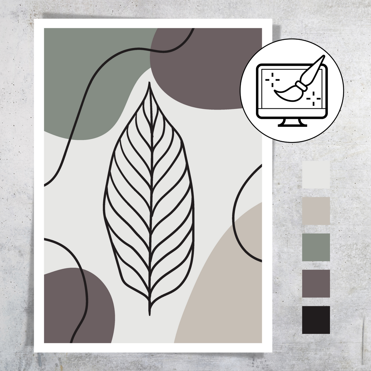 Grafisk kunst med abstrakt blader. Fargenyanser i sort, burgunder, beige, grå og grønn. Denne plakaten kan du få tilpasset i "dine farger"