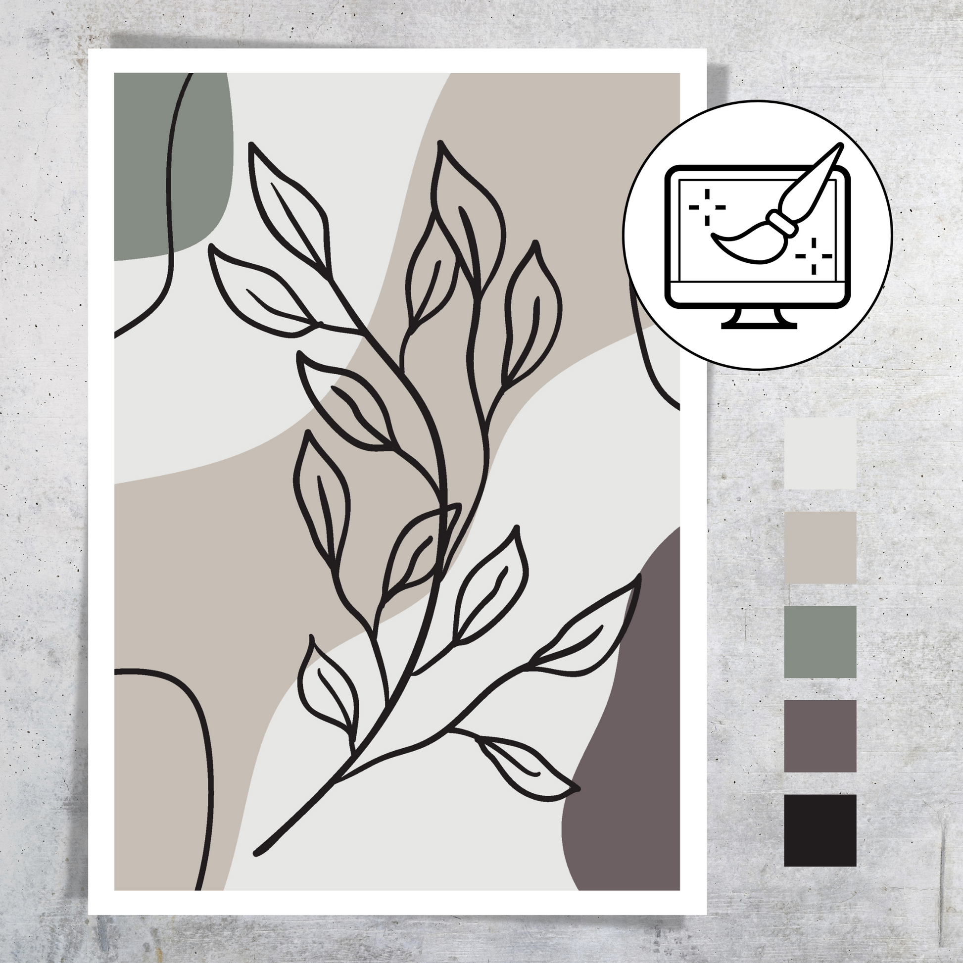 Grafisk kunst med abstrakt blader. Fargenyanser i sort, burgunder, beige, grå og grønn. Denne plakaten kan du få tilpasset i "dine farger"
