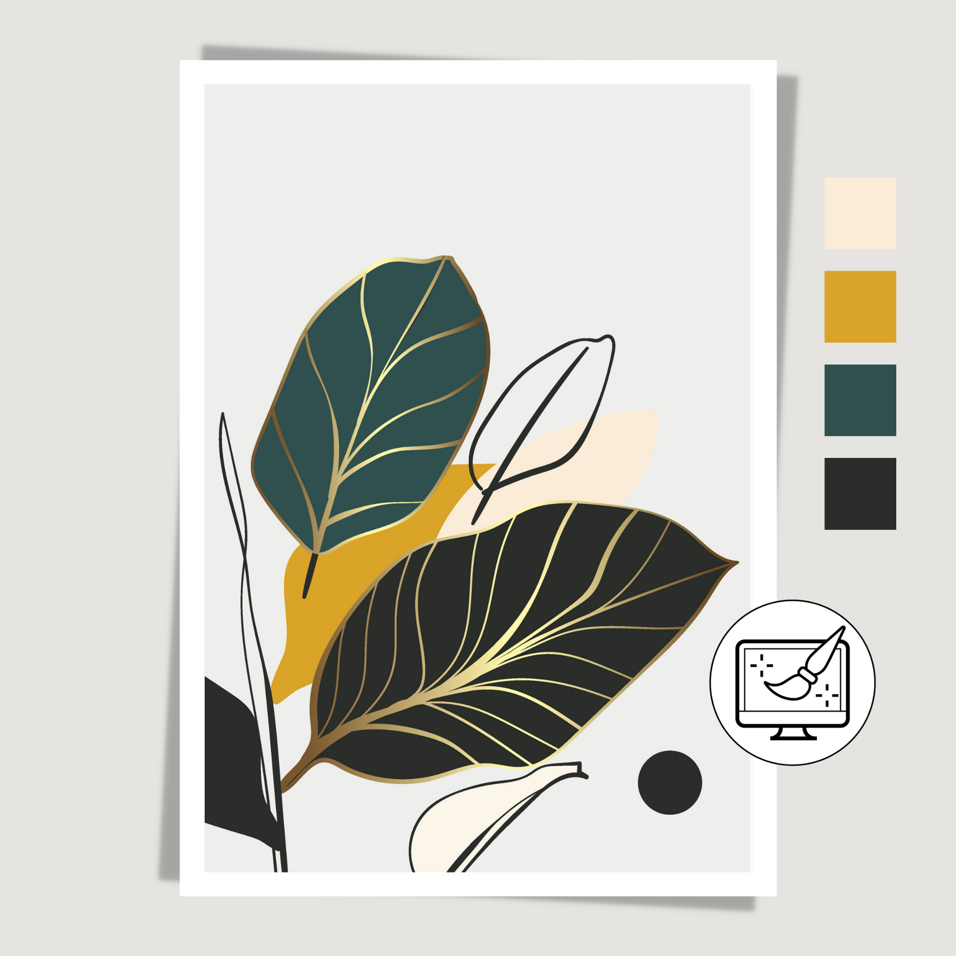Grafisk motiv med abstrakt blader. Fargenyanser i sort, brun, grå, beige, oker, grønn og innslag av gull. Denne plakaten kan du få tilpasset i "dine farger"