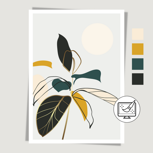 Grafisk motiv med abstrakt blader. Fargenyanser i sort, brun, grå, beige, oker, grønn og innslag av gull. Denne plakaten kan du få tilpasset i "dine farger"