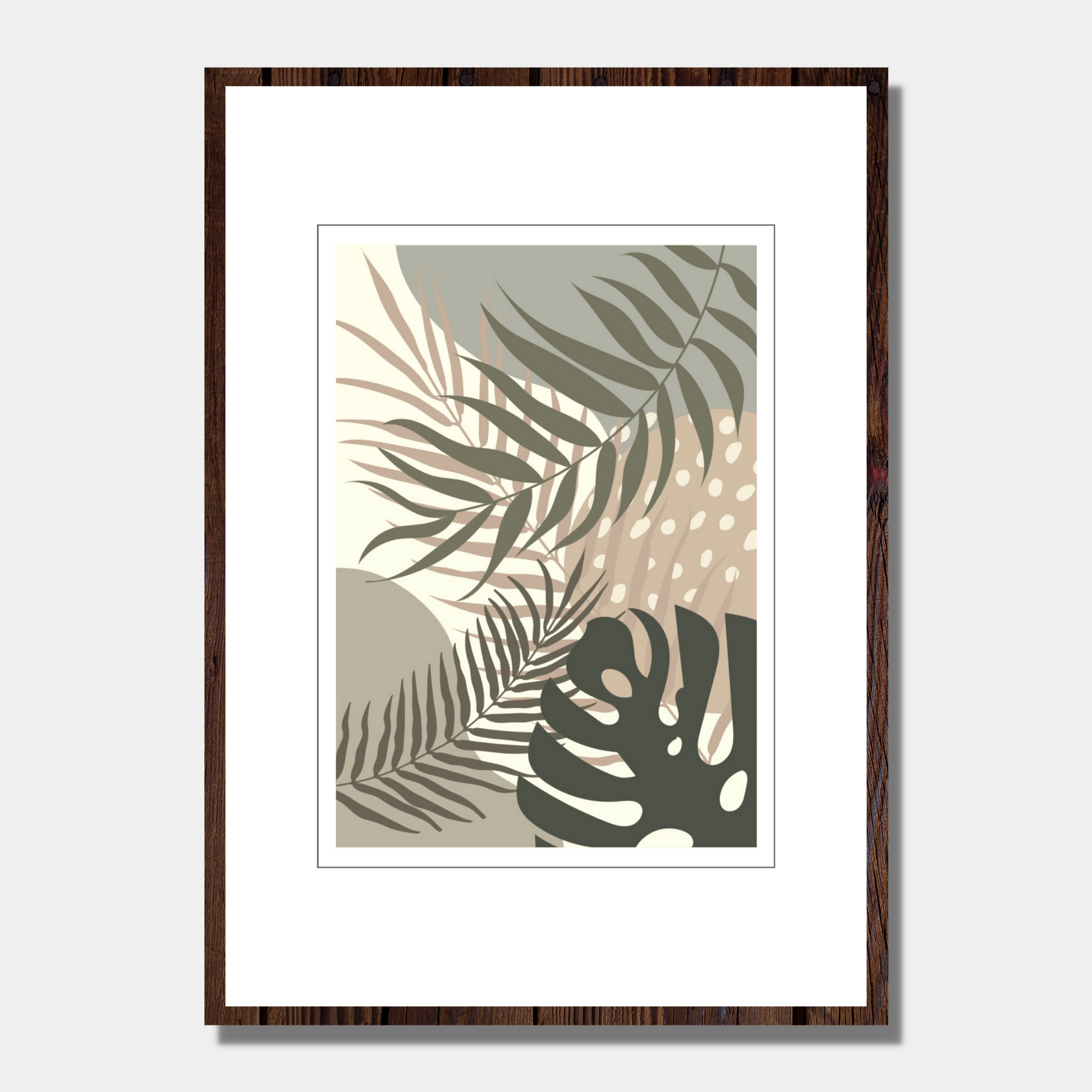 Abstrakt grafisk motiv med tropiske blader i beige og brune nyanser. For innramming eller på lerret.