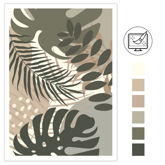 Abstrakt grafisk motiv med tropiske blader i beige og brune nyanser. For innramming eller på lerret.