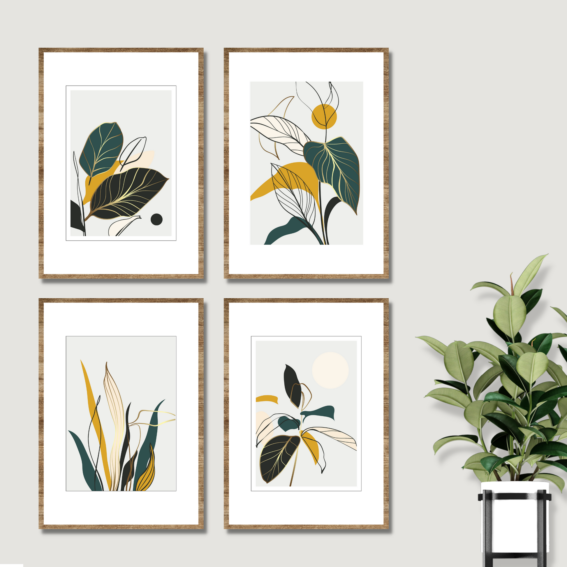 Grafiske motiver med abstrakte blader i serie med 4 bilder. Fargenyanser i sort, brun, grå, beige, oker, grønn og innslag av gull. Plakatene i denne serien kan du få tilpasset i "dine farger"