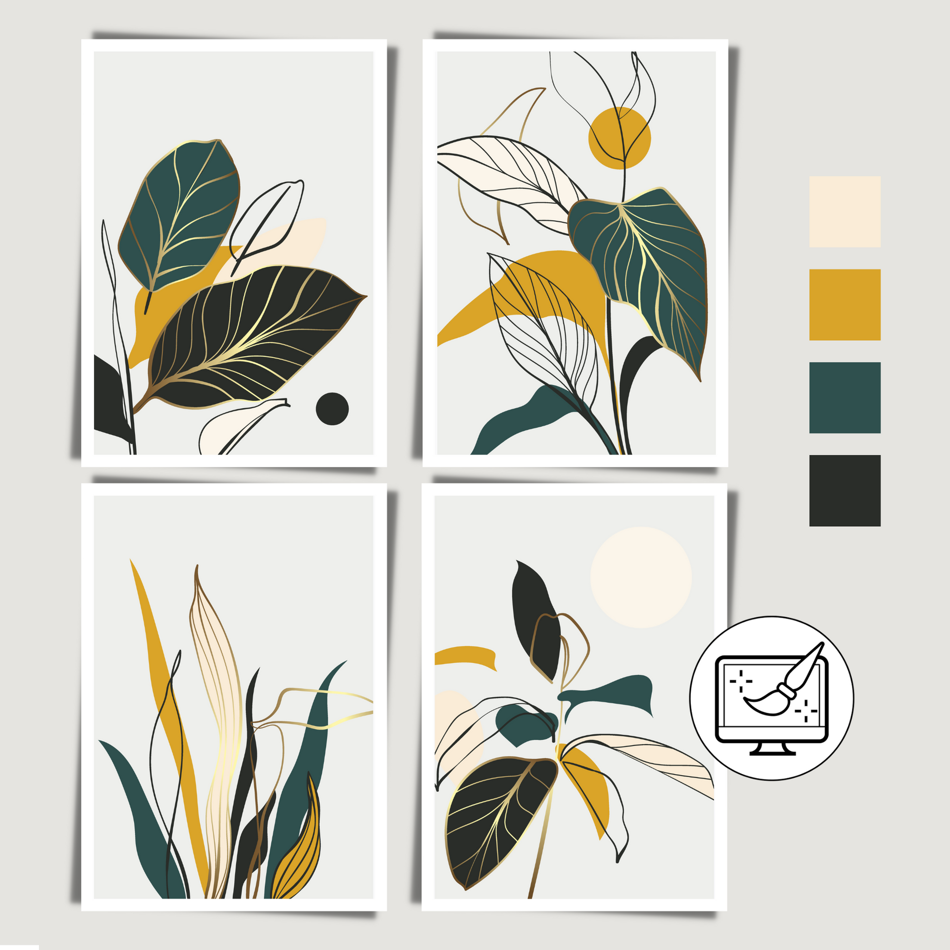 Grafiske motiver med abstrakte blader i serie med 4 bilder. Fargenyanser i sort, brun, grå, beige, oker, grønn og innslag av gull. Plakatene i denne serien kan du få tilpasset i "dine farger"
