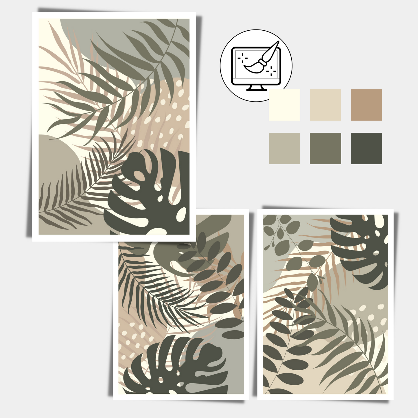 Tre abstrakte grafiske motiver med tropiske blader i beige og brune nyanser. For innramming eller på lerret.
