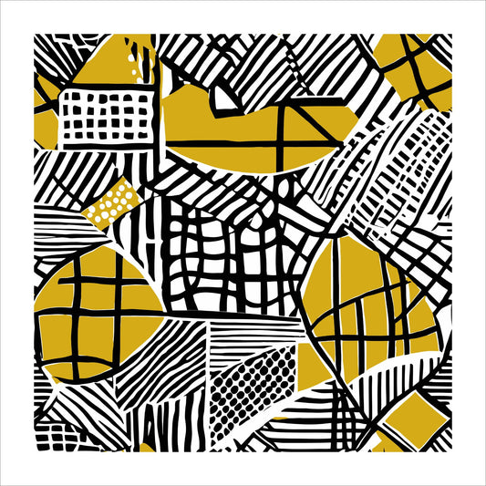 Kvadratisk plakat med abstrakt mønster i fargene oker, sort og hvit. Det er en hvit kant rundt plakaten.